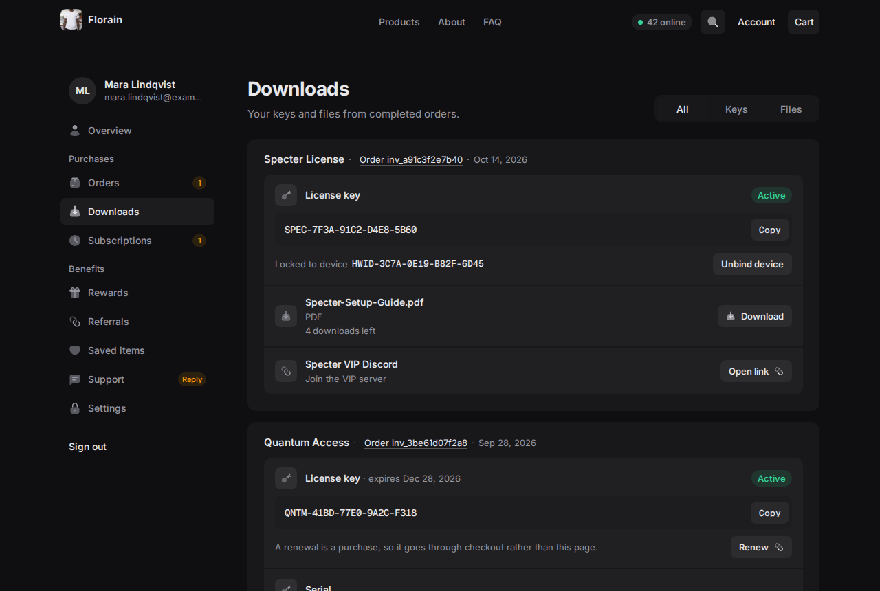 Downloads grouped by order: a license key with Copy and Unbind device, a PDF with Download, a Discord link, and a second order with a license that expires