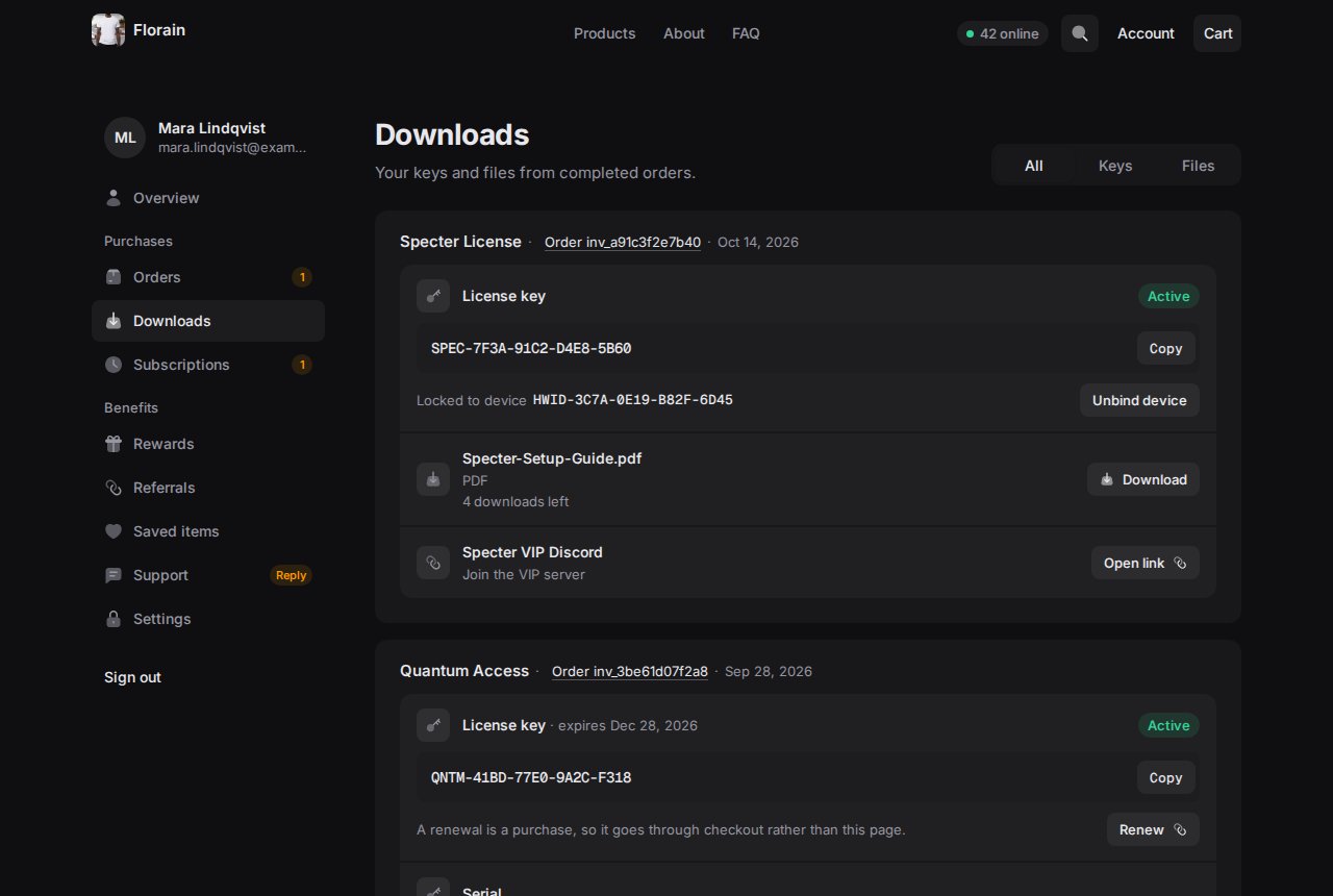 Downloads grouped by order: a license key with Copy and Unbind device, a PDF with Download, a Discord link, and a second order with a license that expires