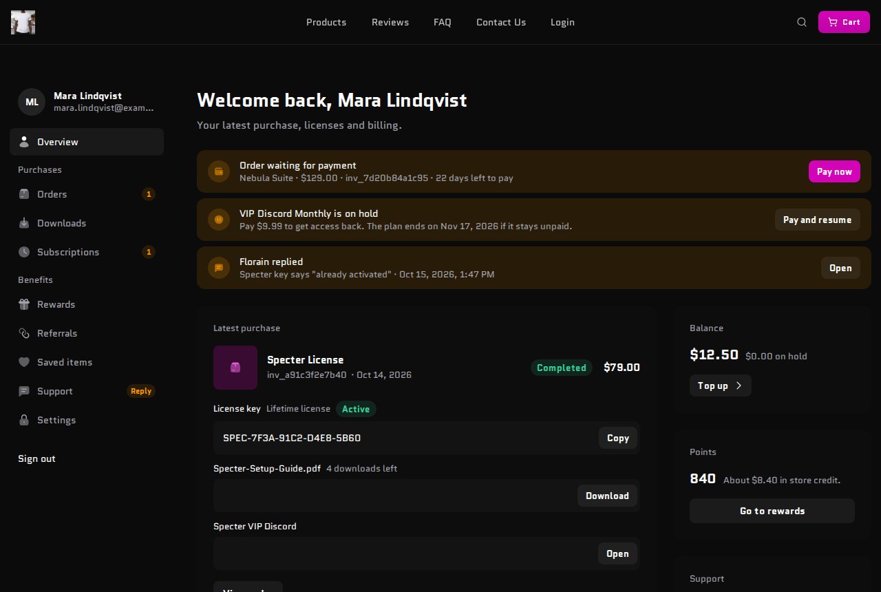 The same account overview in the Starlight theme, with Starlight's font and magenta accent