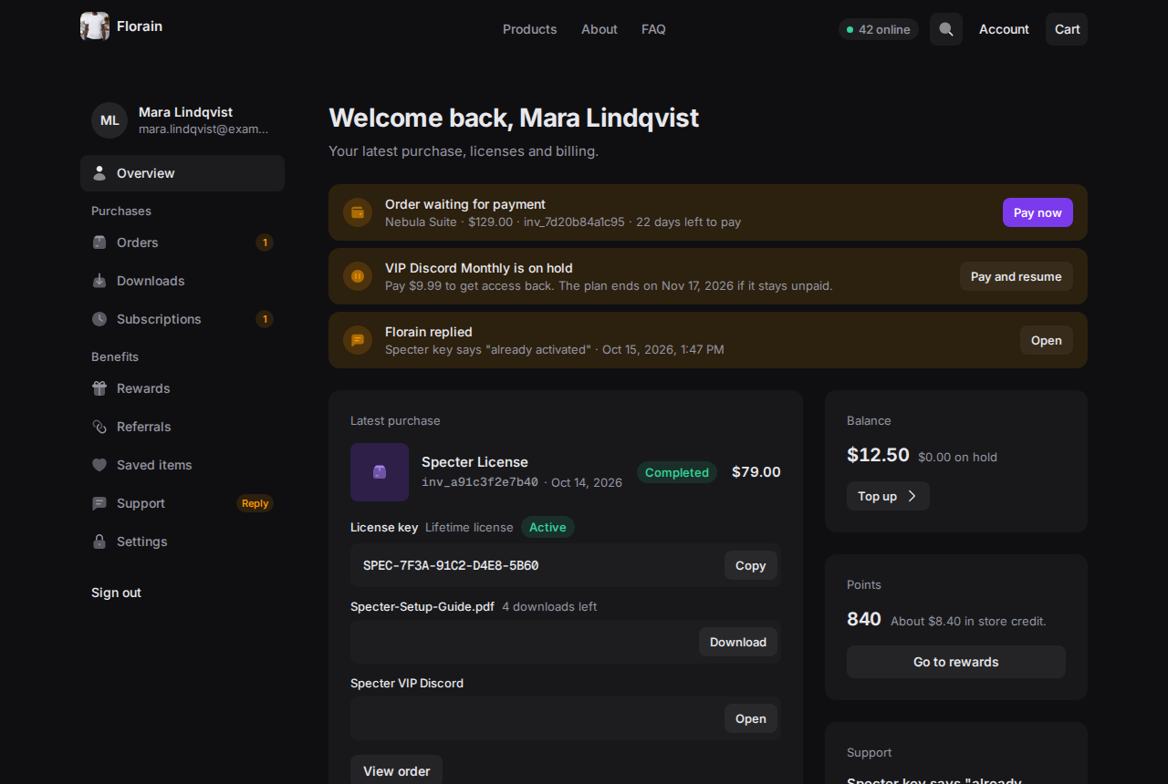The account overview: three notices that need the buyer, the latest purchase with its license key and file, and the balance, points and support cards on the right