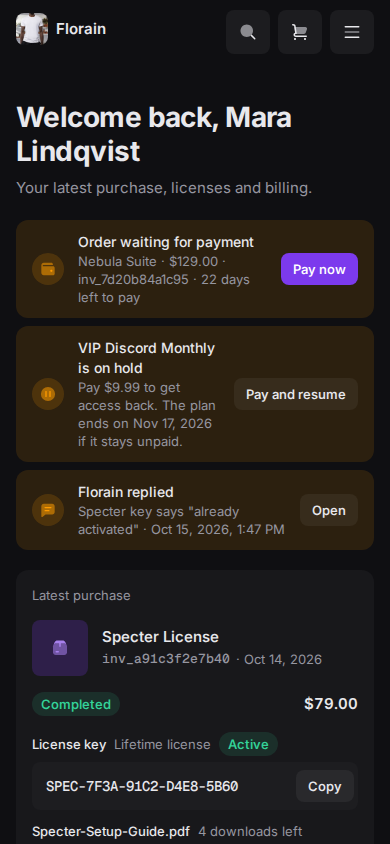 The account overview on a phone: the notices stacked full width above the latest purchase