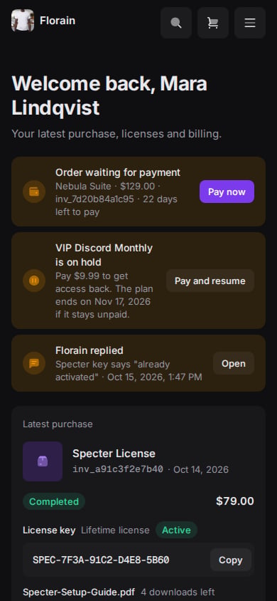 The account overview on a phone: the notices stacked full width above the latest purchase