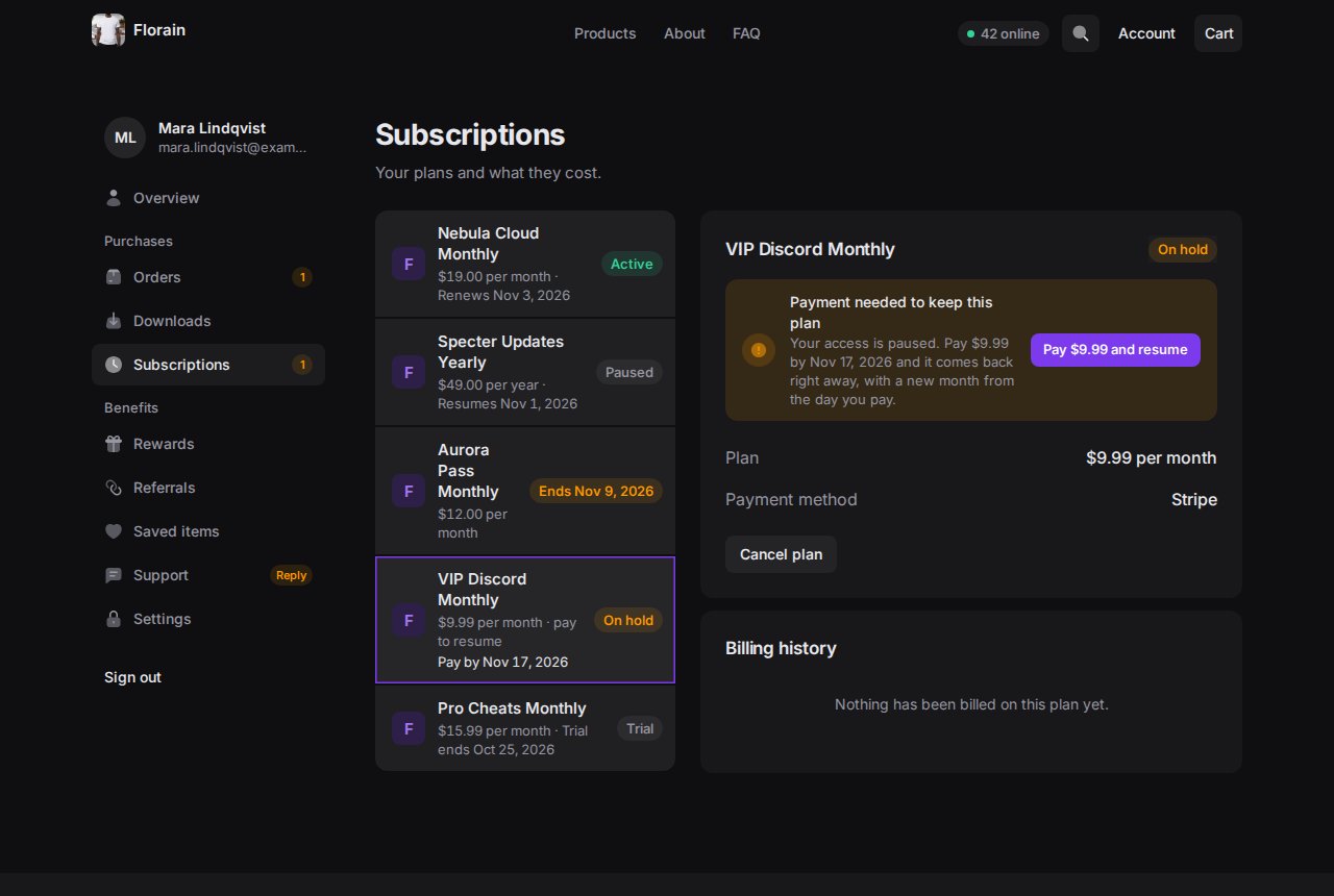 The Subscriptions page: five plans in a list, and the selected plan on hold with the notice Payment needed to keep this plan and a Pay and resume button