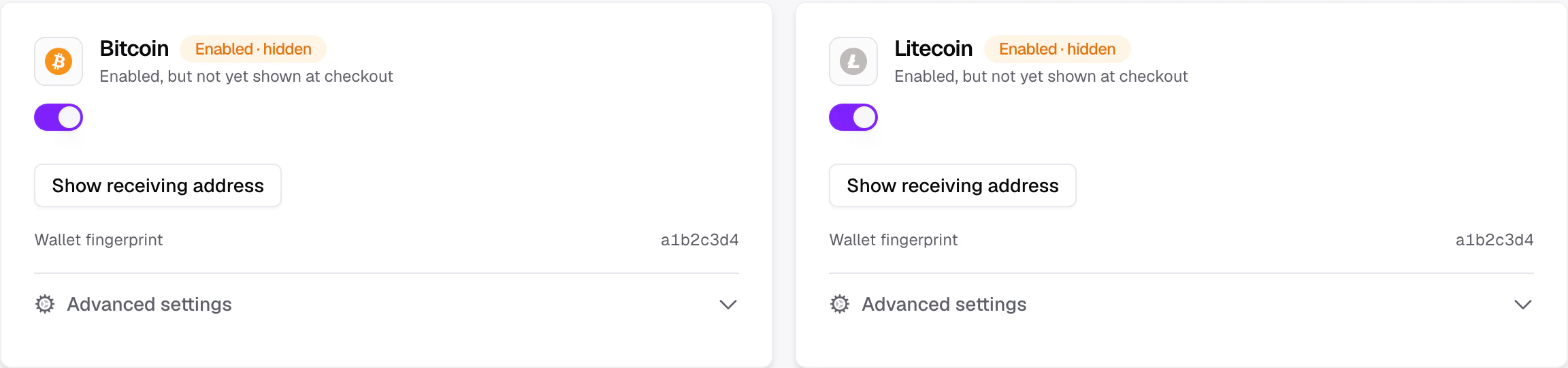 Active Bitcoin and Litecoin chain status cards with Live badges