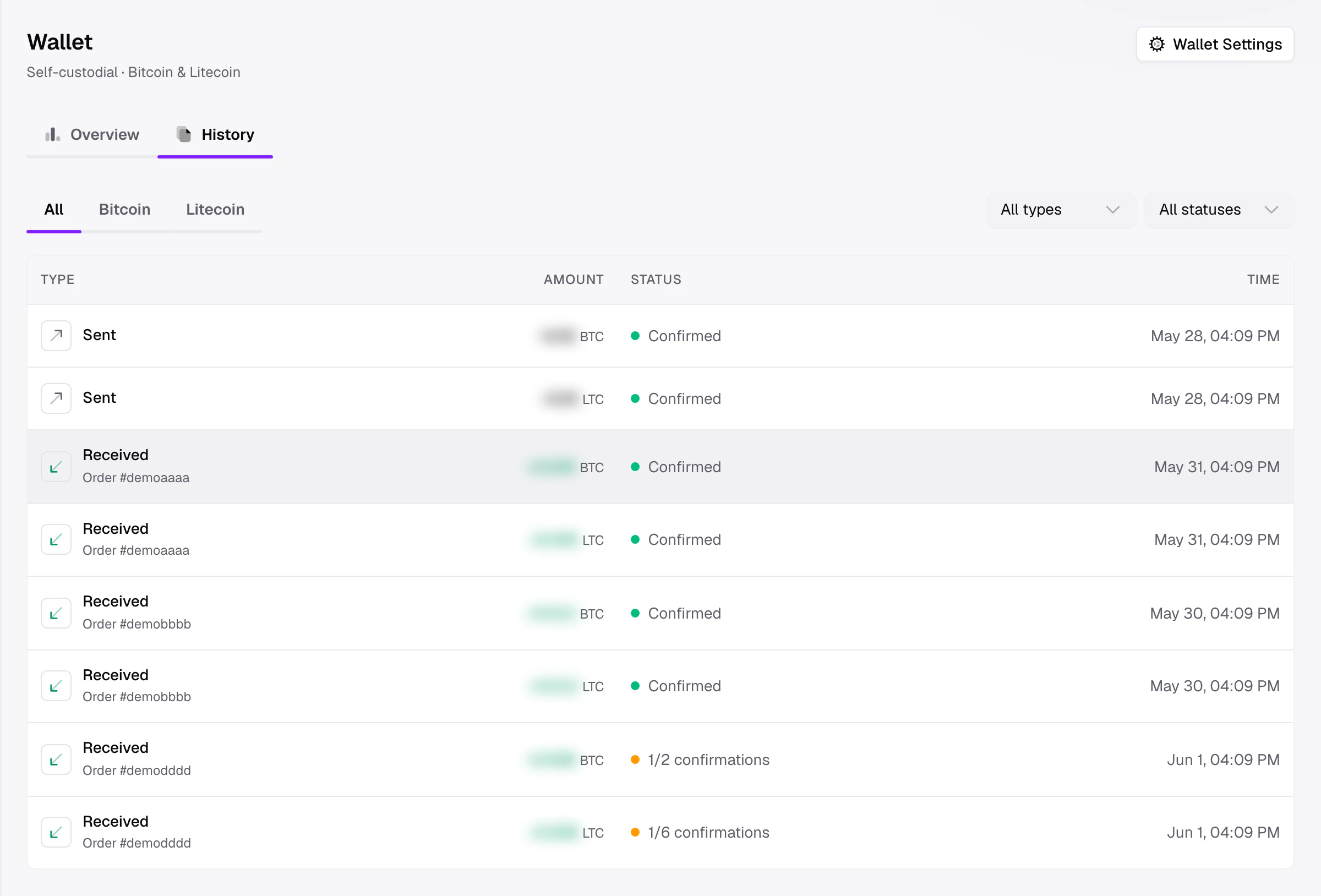 The Wallet transaction history list