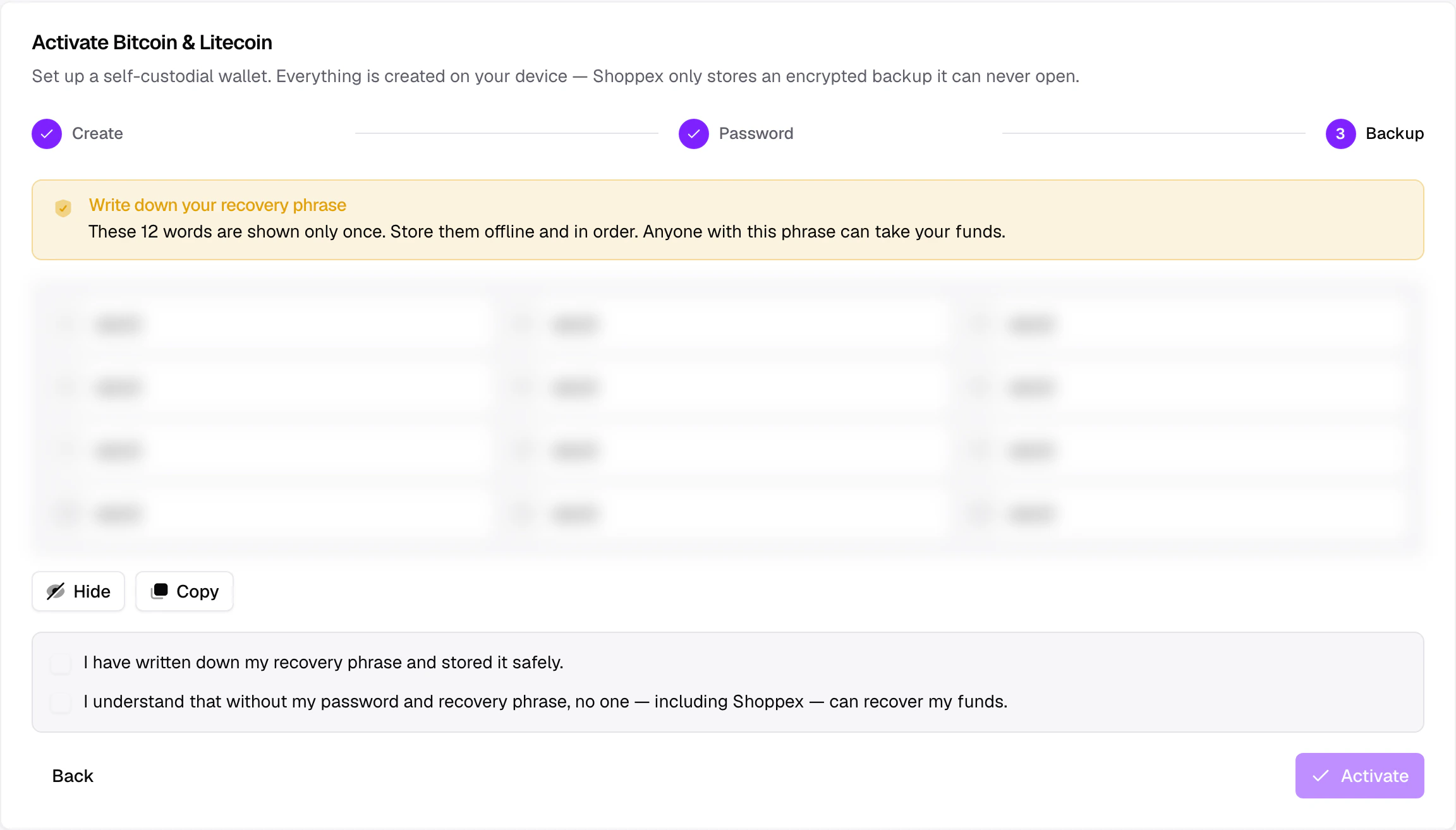 Onboarding step 3: the 12-word recovery phrase and the verify challenge