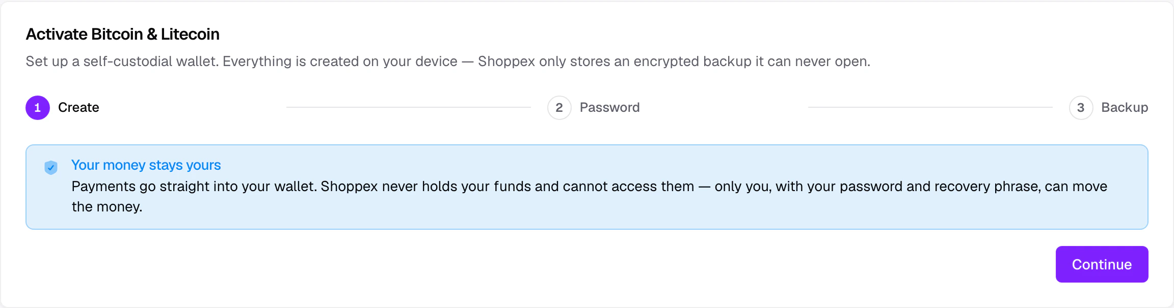 Onboarding step 1: the wallet is created on your device, with the non-custodial guarantee