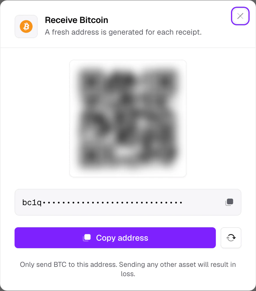The Receive dialog showing a fresh address and its QR code