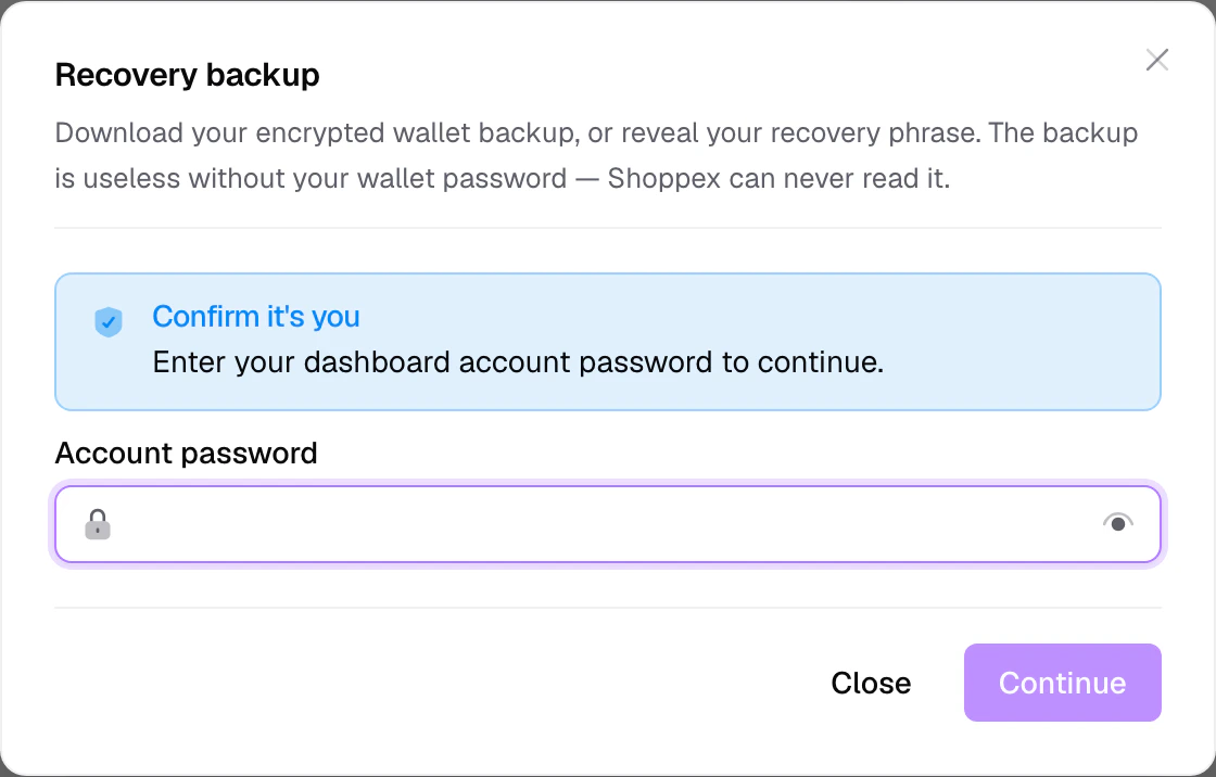 The Recovery backup dialog with download and reveal-phrase options