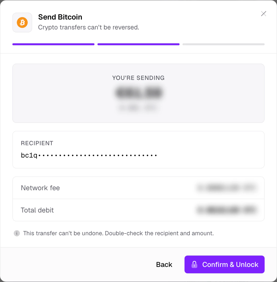 The Send dialog review step showing amount, recipient, network fee, and total debit