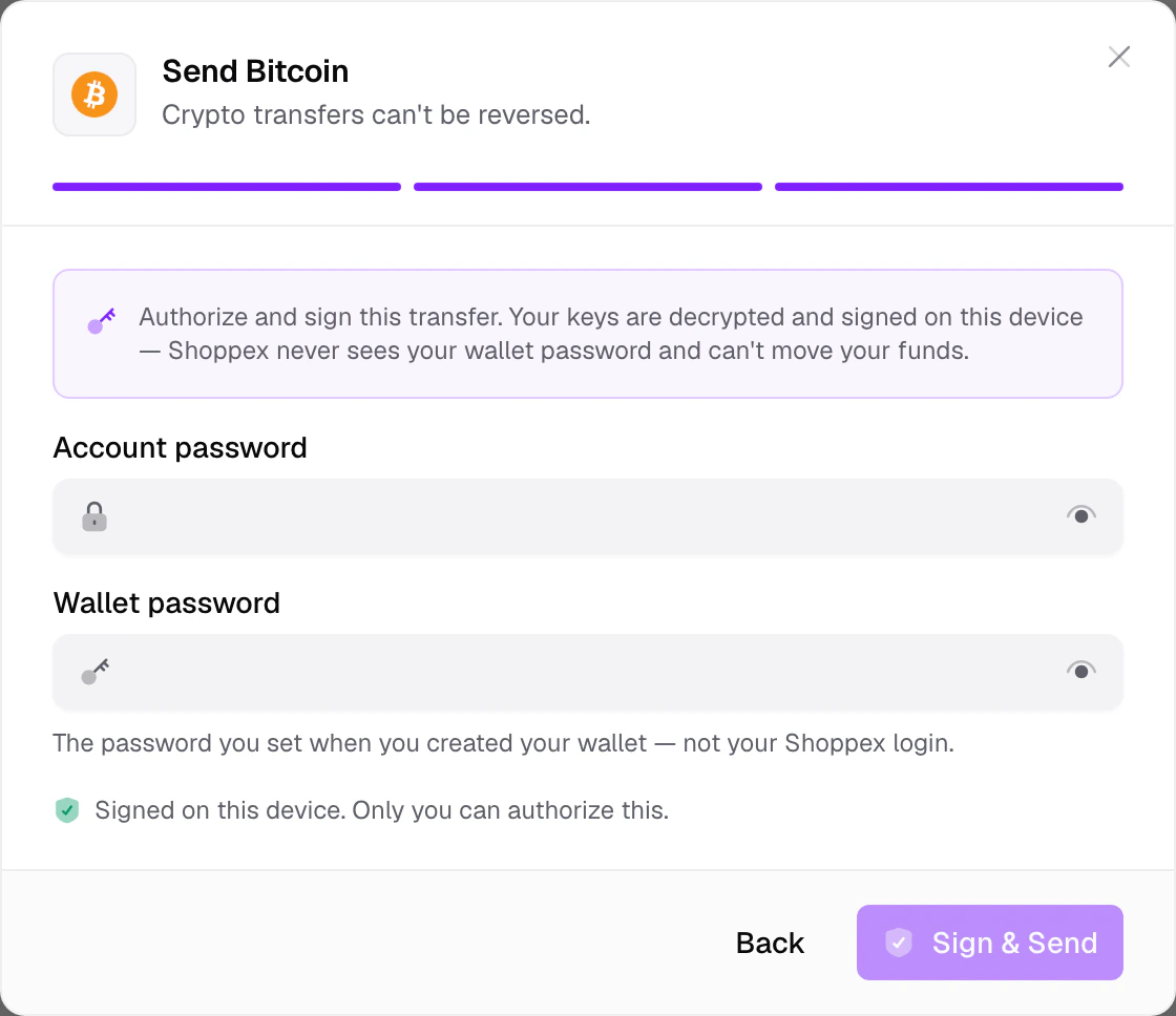 The Send dialog sign step asking for the account credential and wallet password