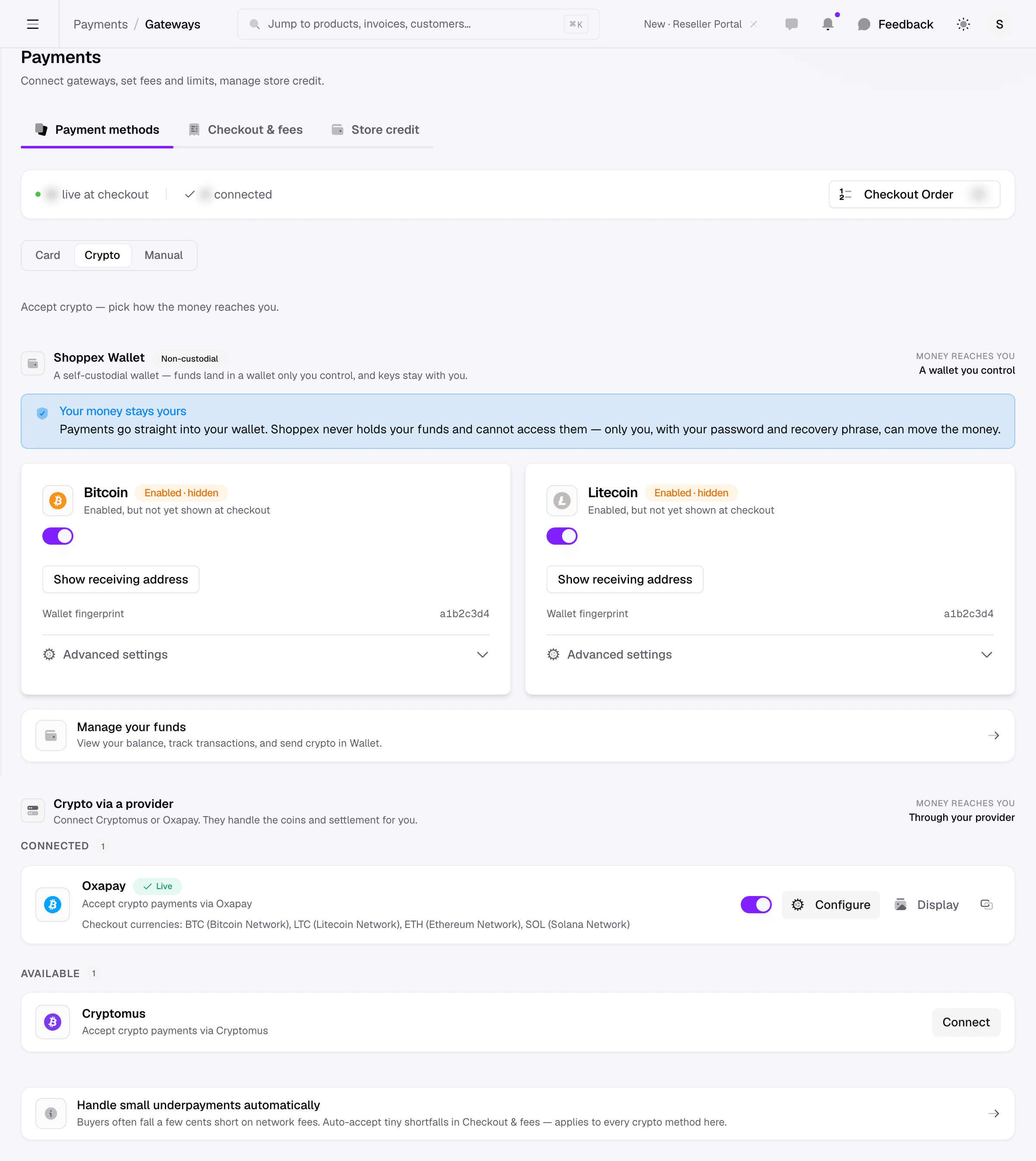 The Shoppex Wallet section in Settings → Payments, with the onboarding entry point