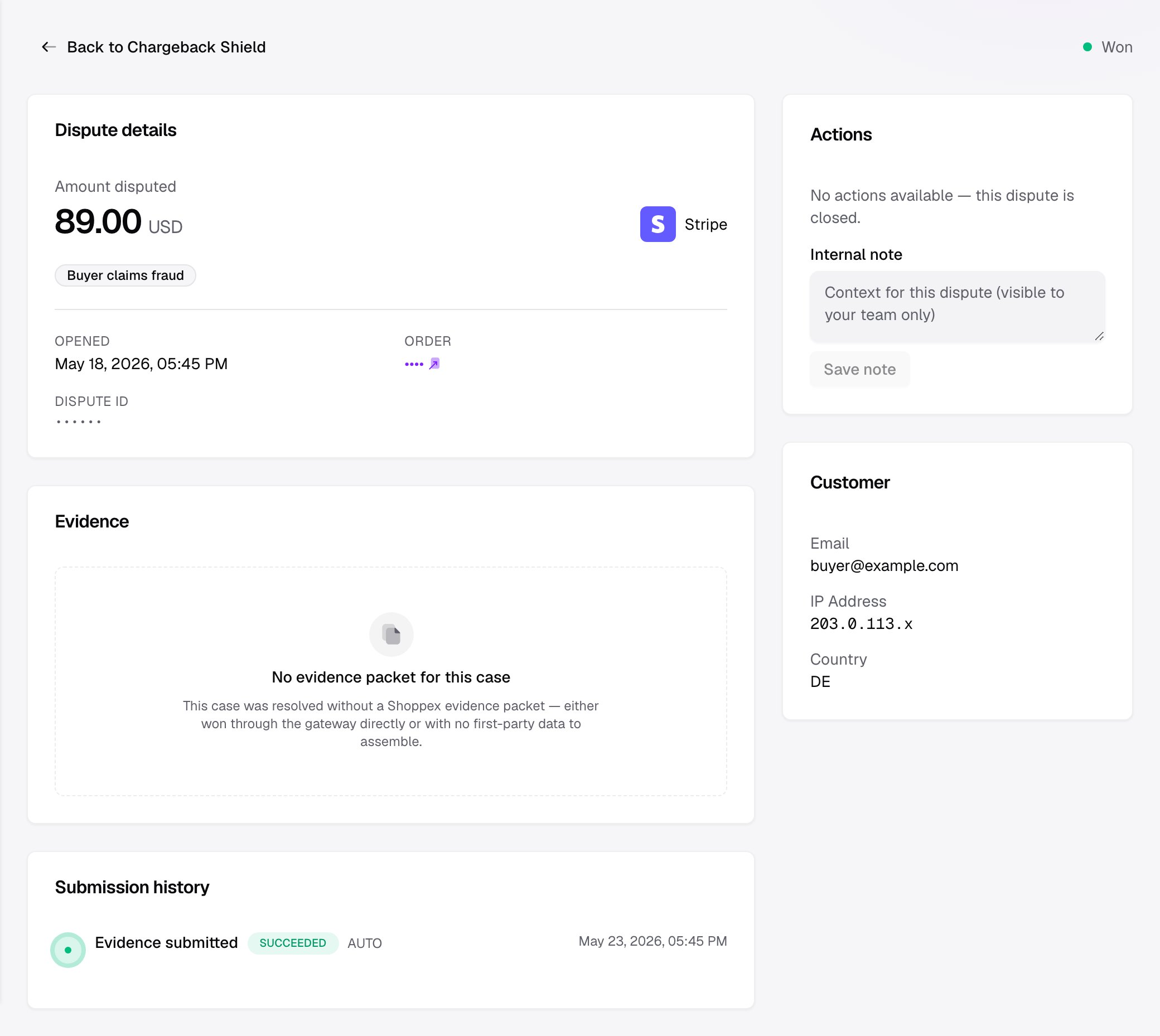 A single dispute detail page showing the masked dispute and invoice identifiers, the amount, the reason 'Buyer claims fraud', the assembled evidence section, submission history marked succeeded, and the customer's masked email, IP and country