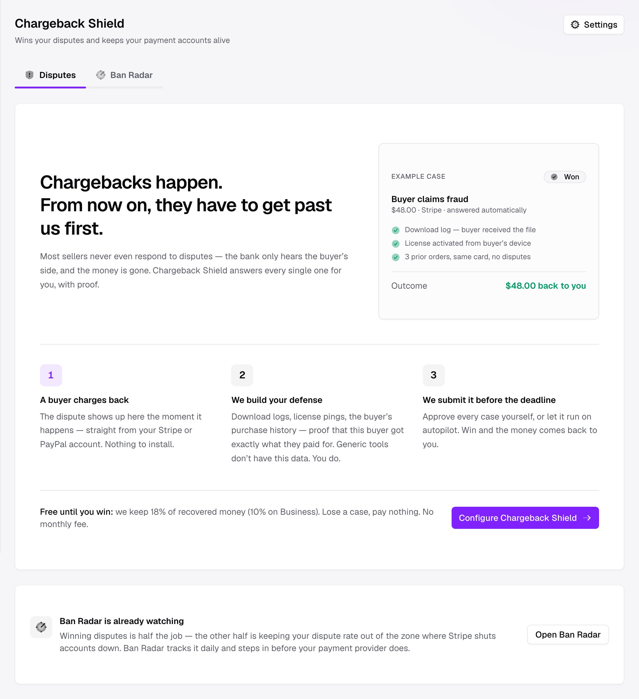 Chargeback Shield first-run screen: a headline explaining that chargebacks now have to get past Shoppex first, an example of a won case, the three-step flow, and the Ban Radar teaser