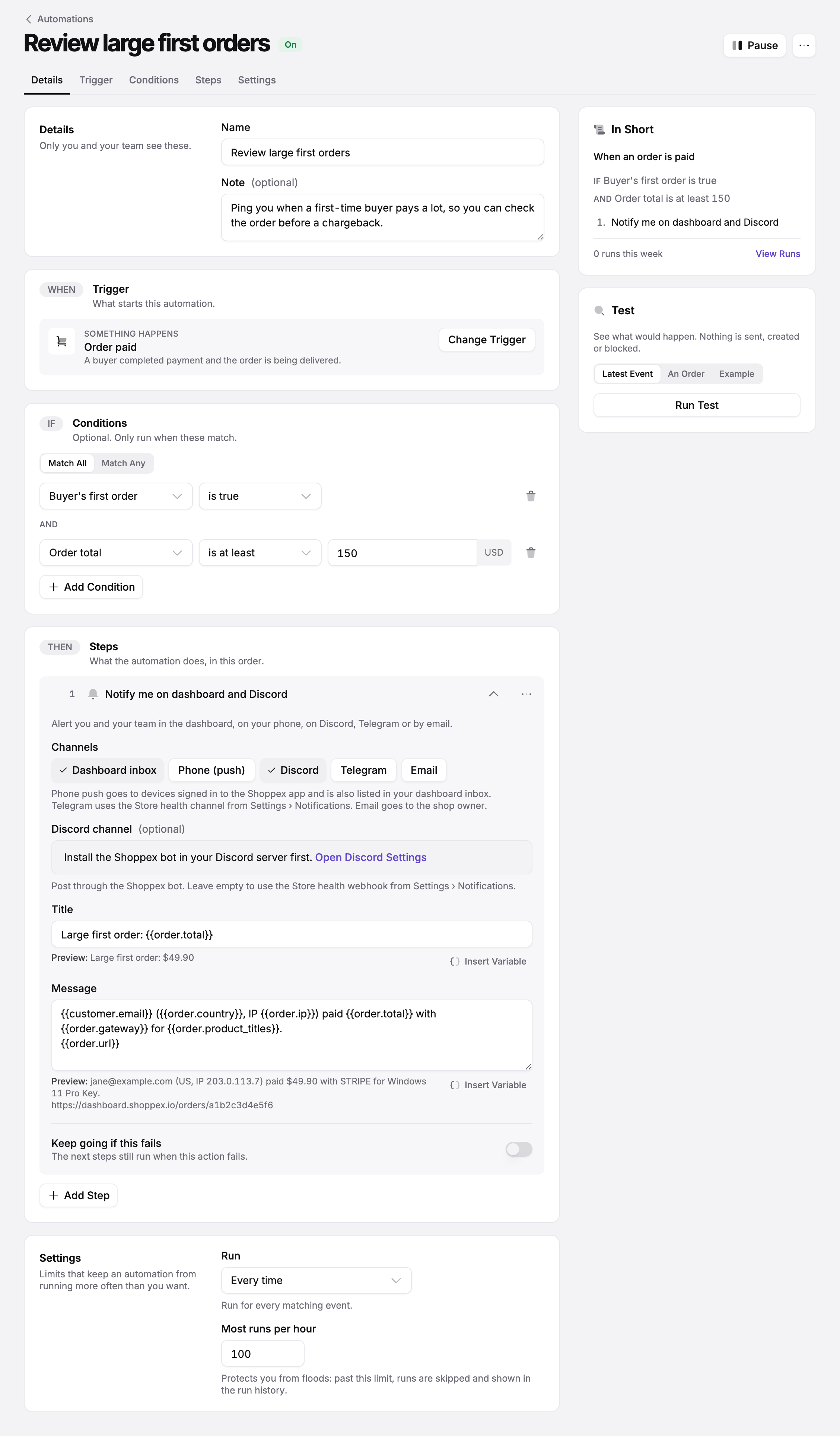 The automation editor for 'Review large first orders': a When section with the Order paid trigger, an If section with two conditions (Buyer's first order is true, and Order total is at least 150 USD), a Then section with one step that notifies the merchant on the dashboard and Discord with a title and message using variables, and a Settings section. On the right, an In Short summary and a Test card