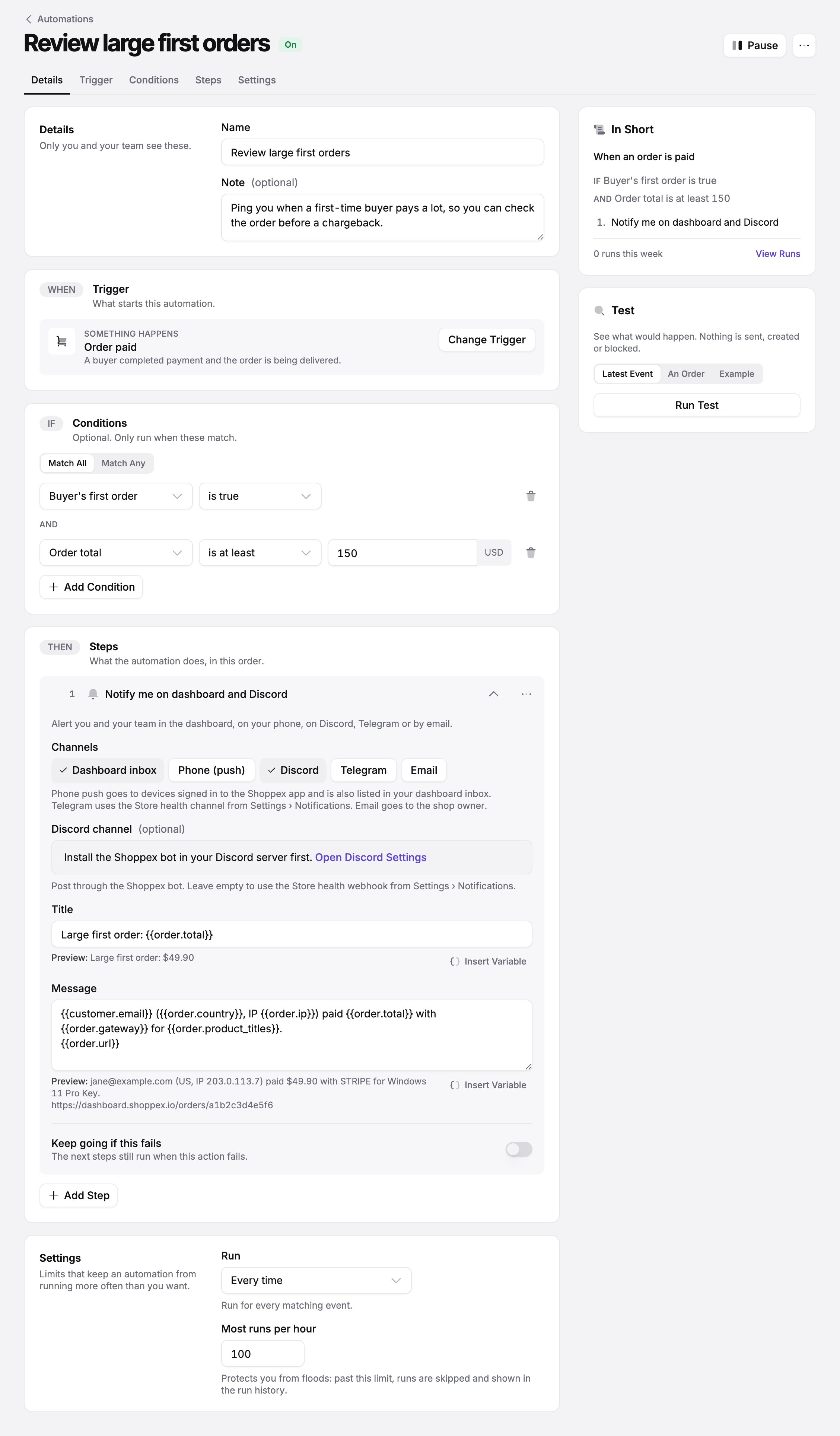 The automation editor for 'Review large first orders': a When section with the Order paid trigger, an If section with two conditions (Buyer's first order is true, and Order total is at least 150 USD), a Then section with one step that notifies the merchant on the dashboard and Discord with a title and message using variables, and a Settings section. On the right, an In Short summary and a Test card