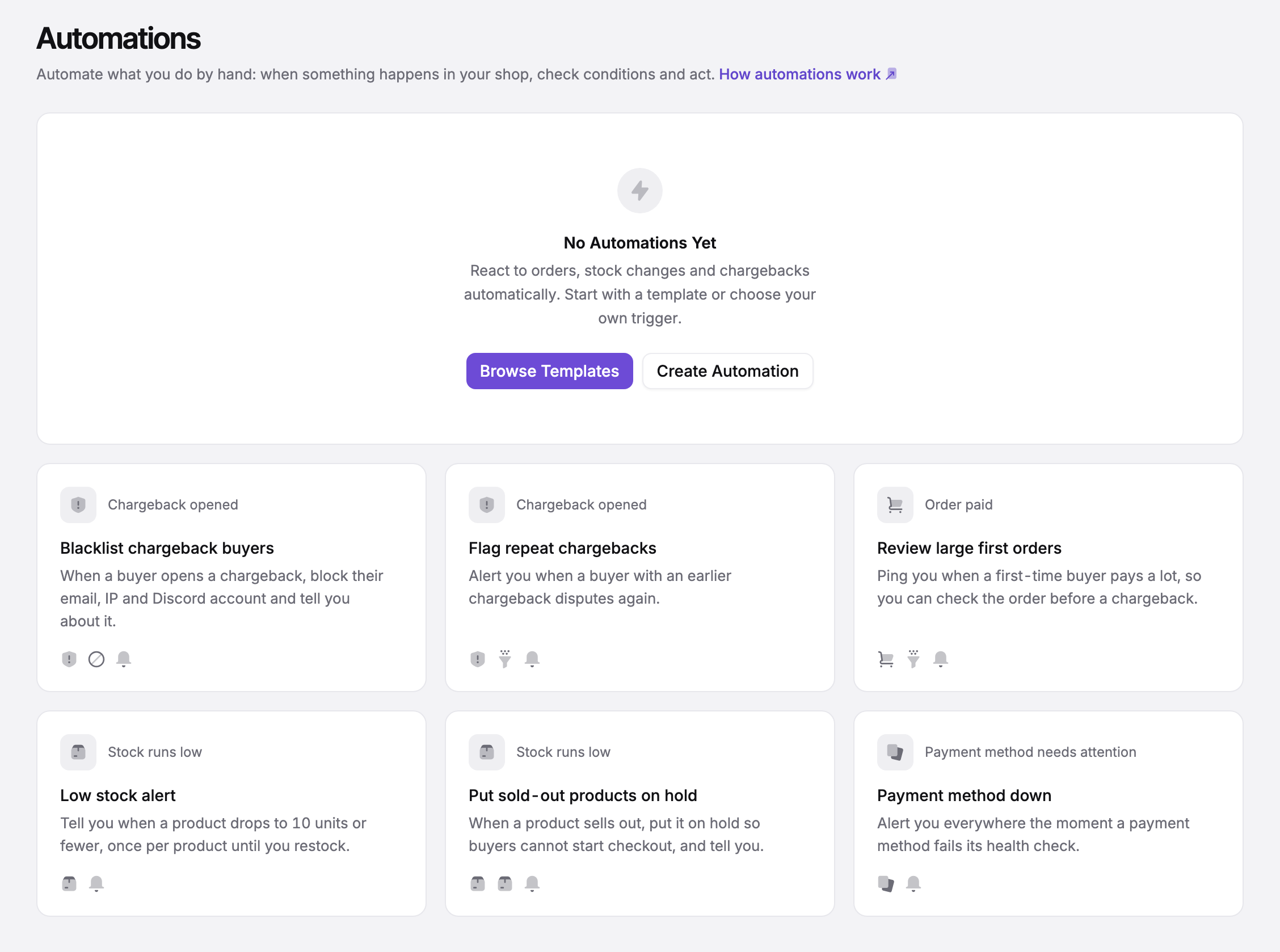 The Automations page before any automation exists: a No Automations Yet card with Browse Templates and Create Automation buttons, followed by six template cards such as Blacklist chargeback buyers, Review large first orders and Low stock alert