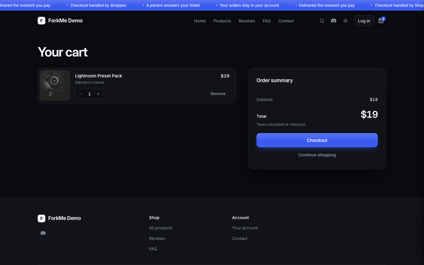 The ForkMe cart page in dark mode: one line item with image, option, quantity stepper and remove link, and an order summary with subtotal, total and a Checkout button