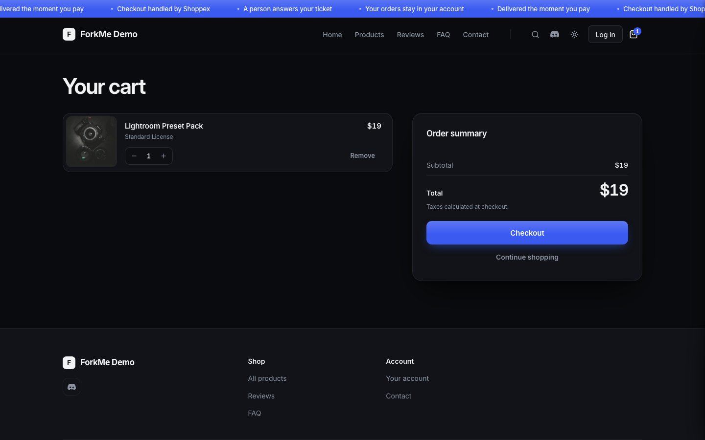 The ForkMe cart page in dark mode: one line item with image, option, quantity stepper and remove link, and an order summary with subtotal, total and a Checkout button