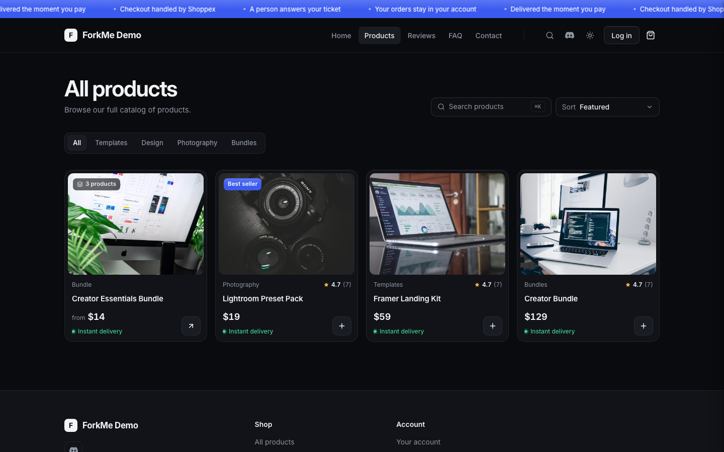 The ForkMe catalog in dark mode: page title, search field, sort menu, category tabs, and four product cards showing a bundle, a best seller badge, ratings, prices and instant delivery status