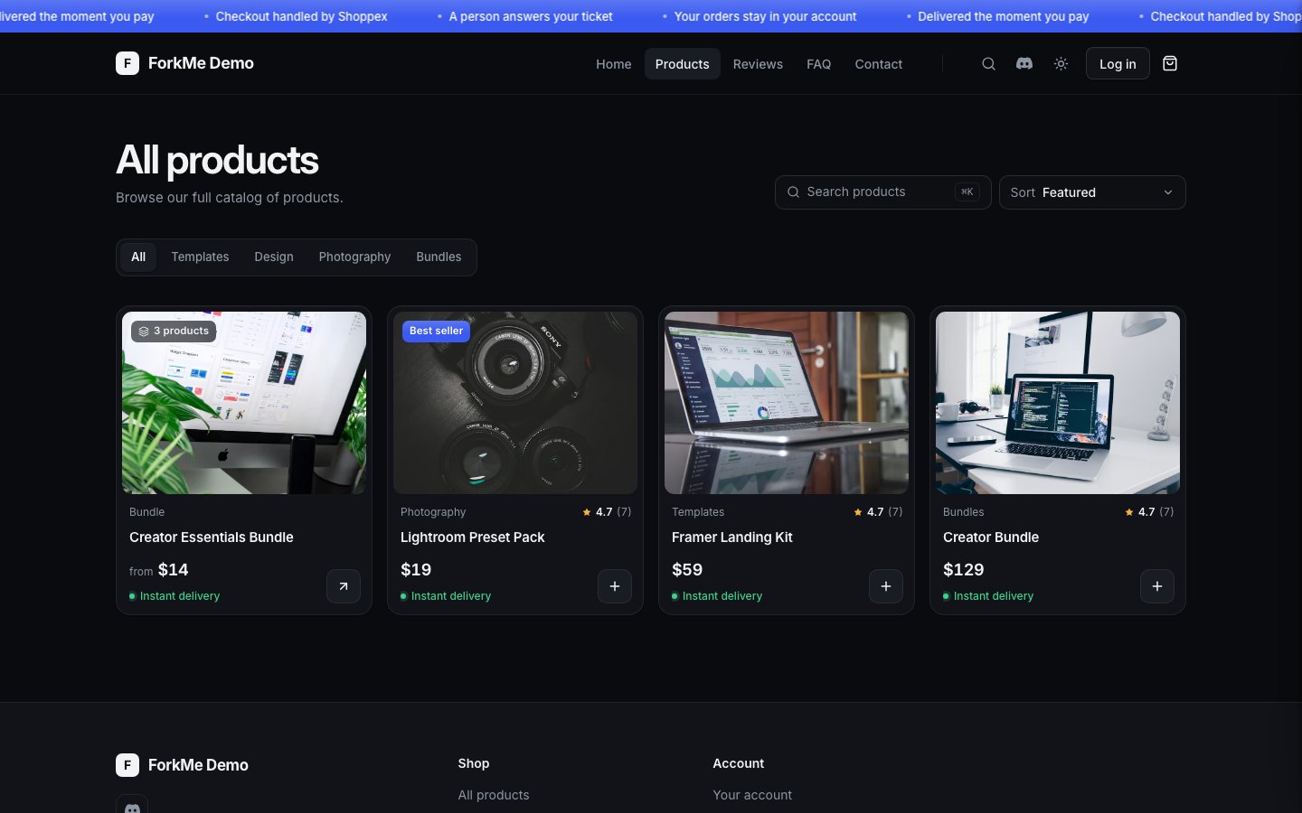 The ForkMe catalog in dark mode: page title, search field, sort menu, category tabs, and four product cards showing a bundle, a best seller badge, ratings, prices and instant delivery status