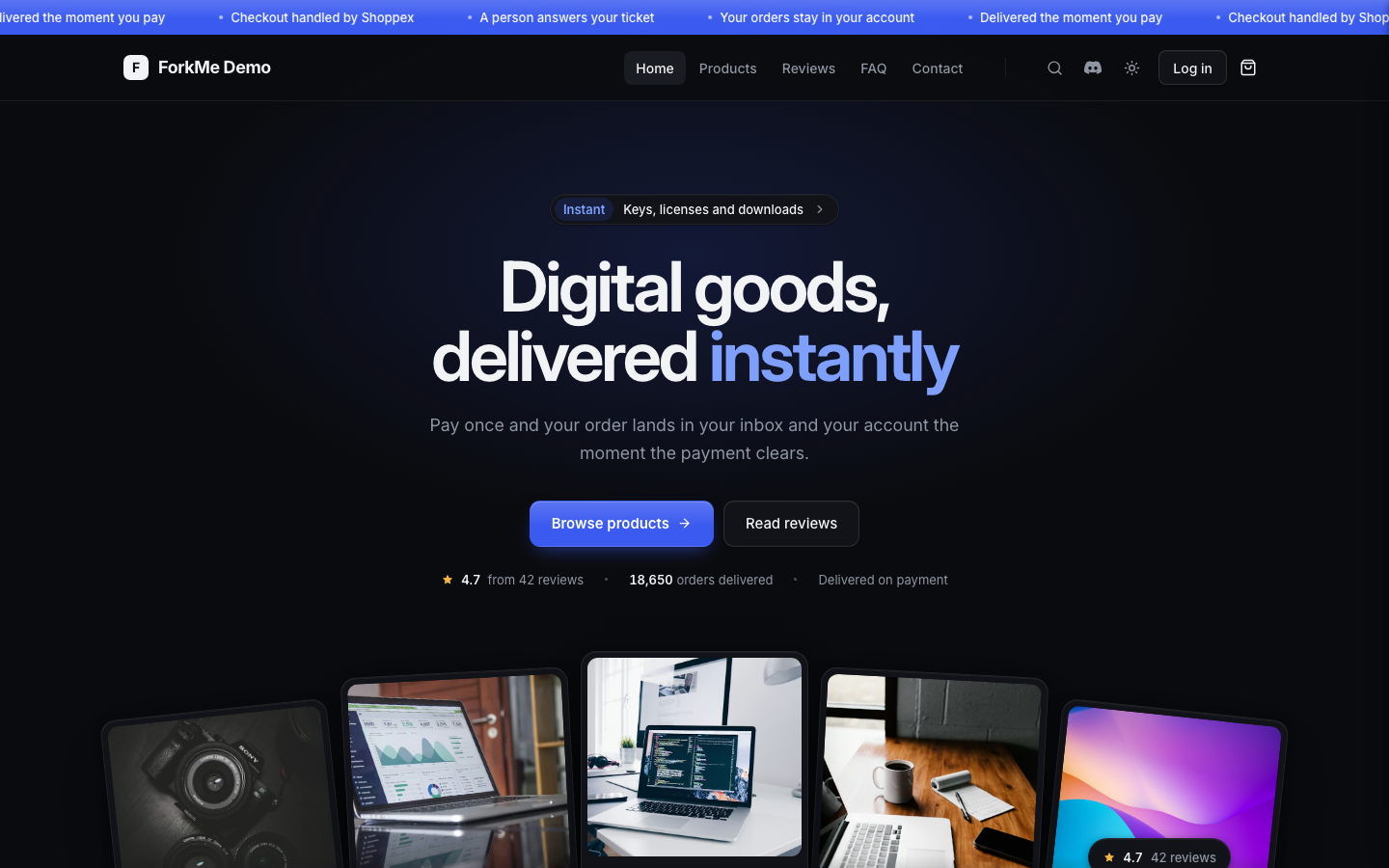 The ForkMe home page in dark mode: announcement bar, a centred headline with the accent word in blue, two buttons, the shop rating and a fanned row of product cards