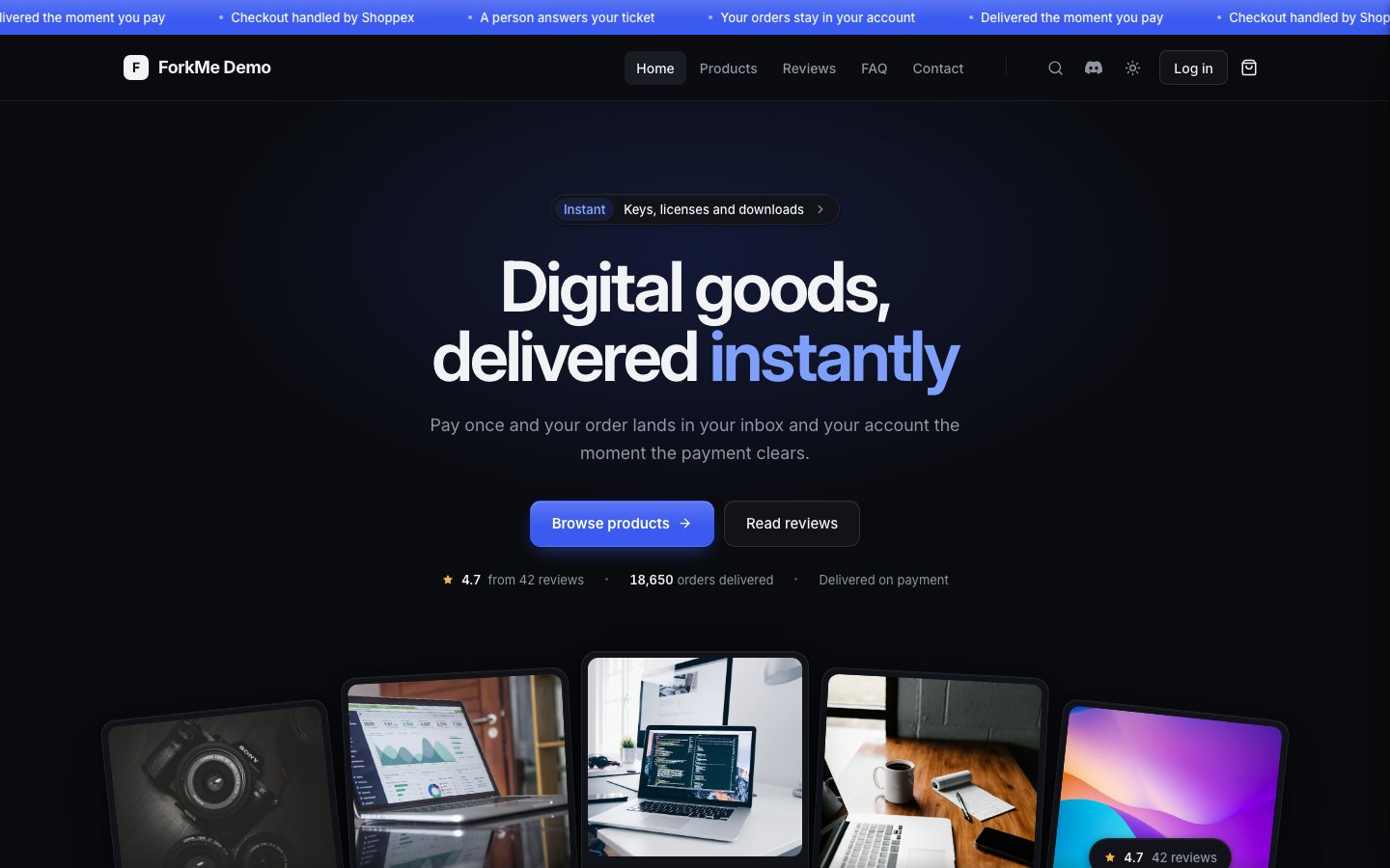 The ForkMe home page in dark mode: announcement bar, a centred headline with the accent word in blue, two buttons, the shop rating and a fanned row of product cards