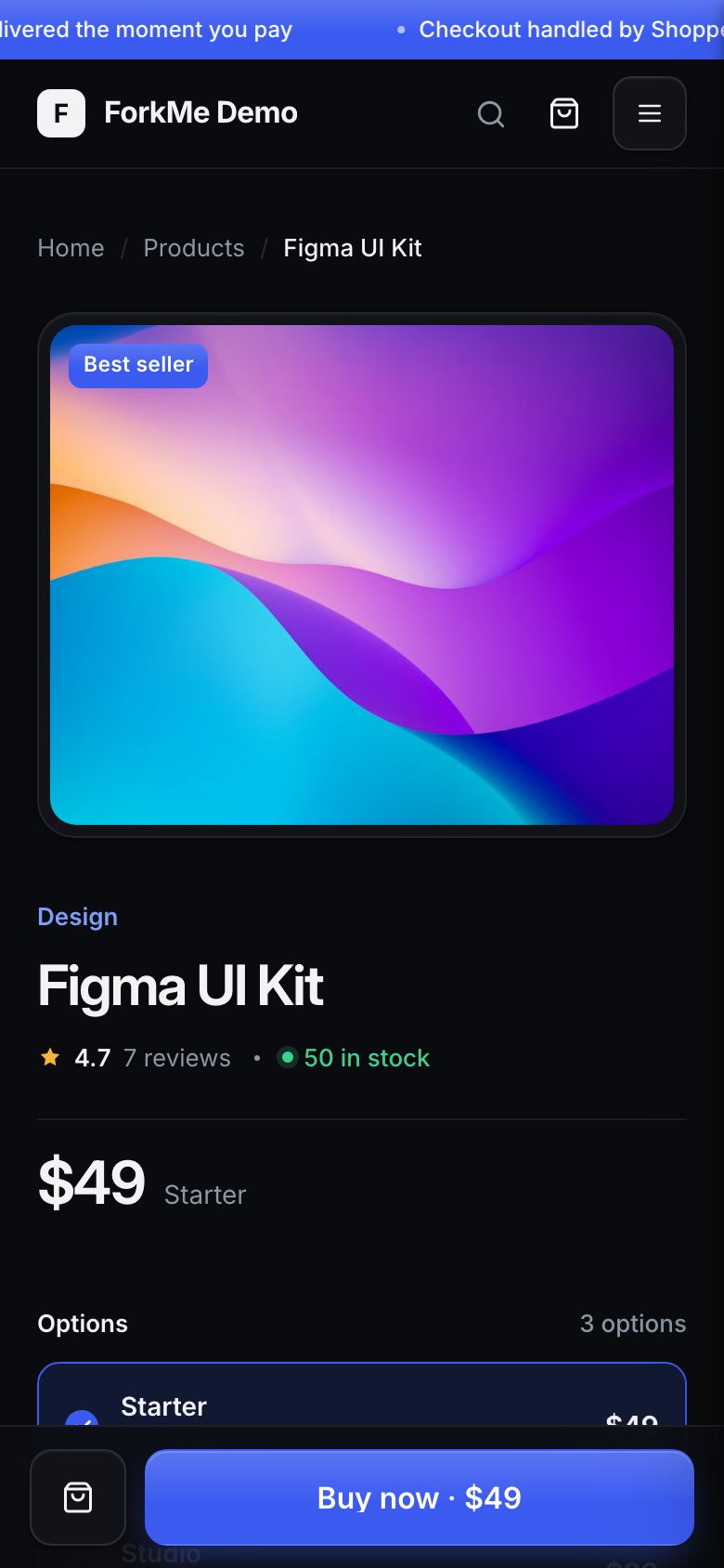 The ForkMe product page on a phone in dark mode: header with search, cart and menu, the product image, title, rating, price, options, and a Buy now bar fixed to the bottom of the screen
