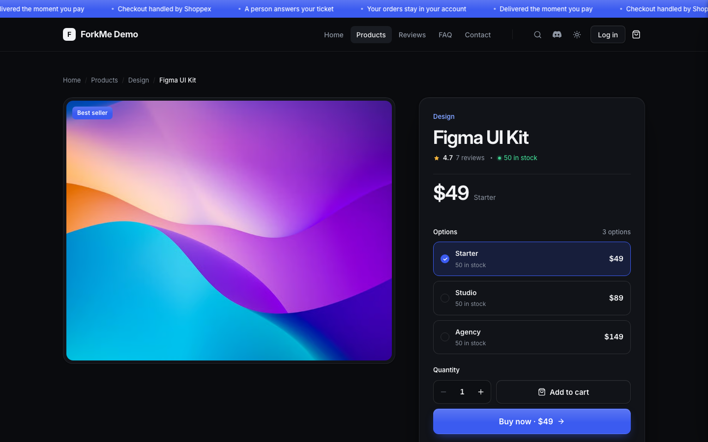 A ForkMe product page in dark mode: a large product image on the left, and on the right the category, title, rating, stock, price, three selectable options, a quantity stepper, Add to cart and Buy now