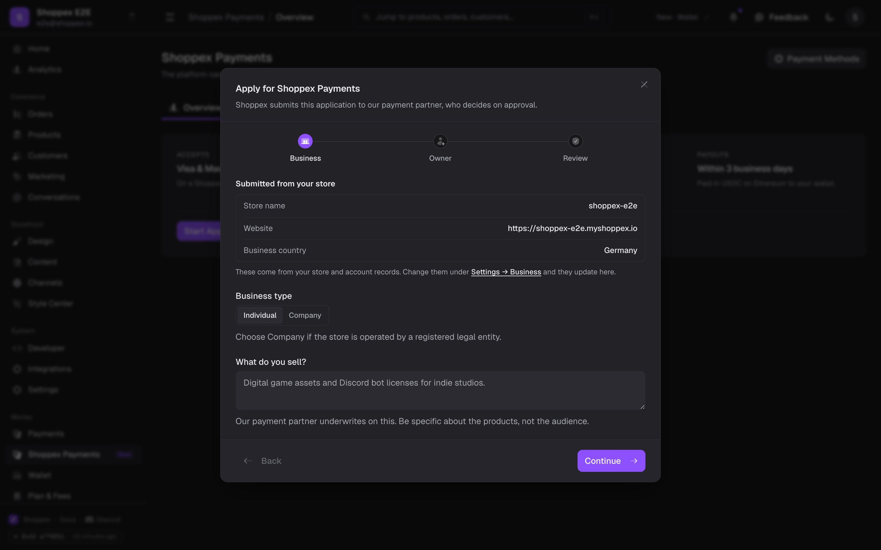 The Shoppex Payments application form asking for store, business and account owner details