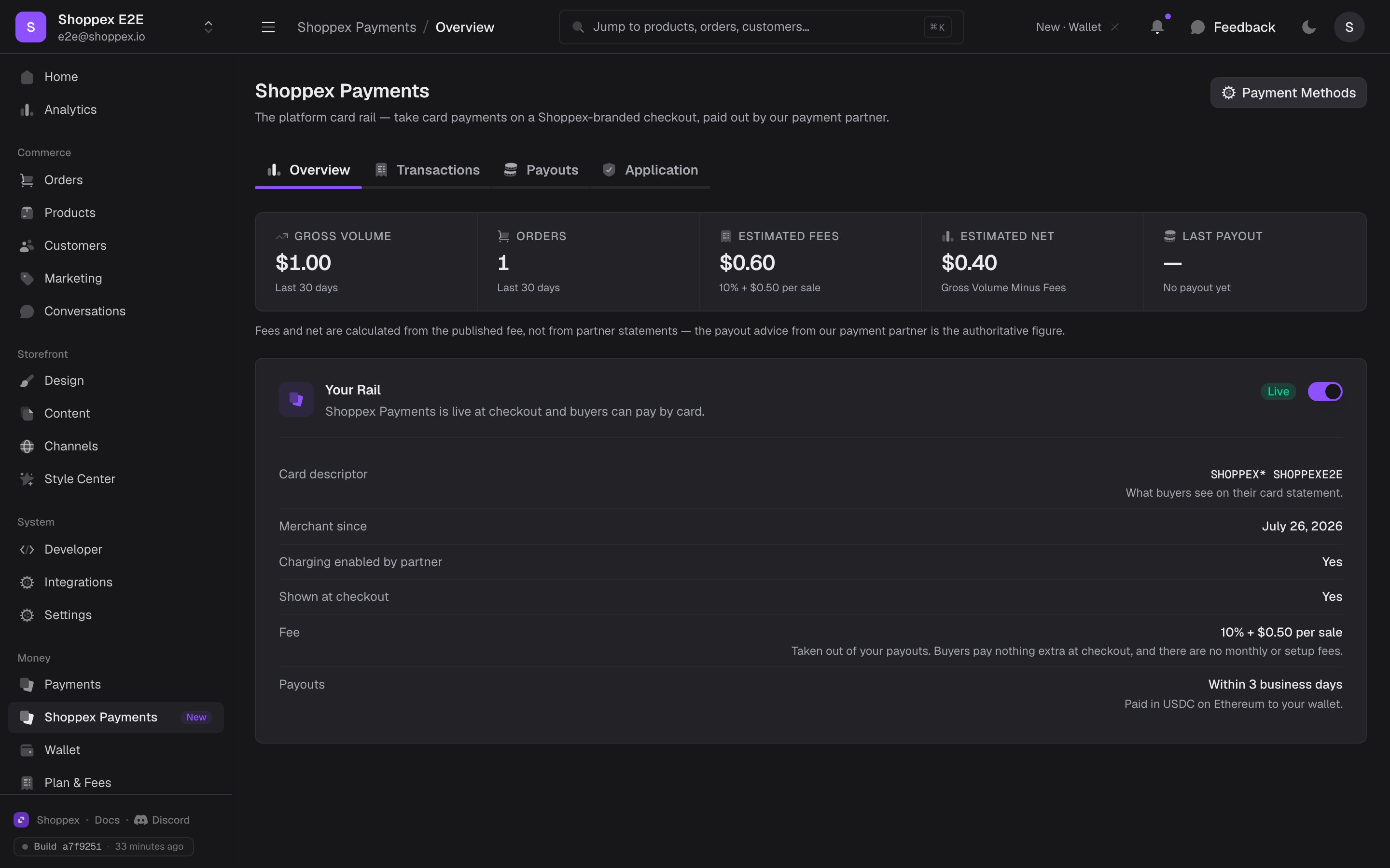 The approved Shoppex Payments page showing gross volume, orders, fees and net payout