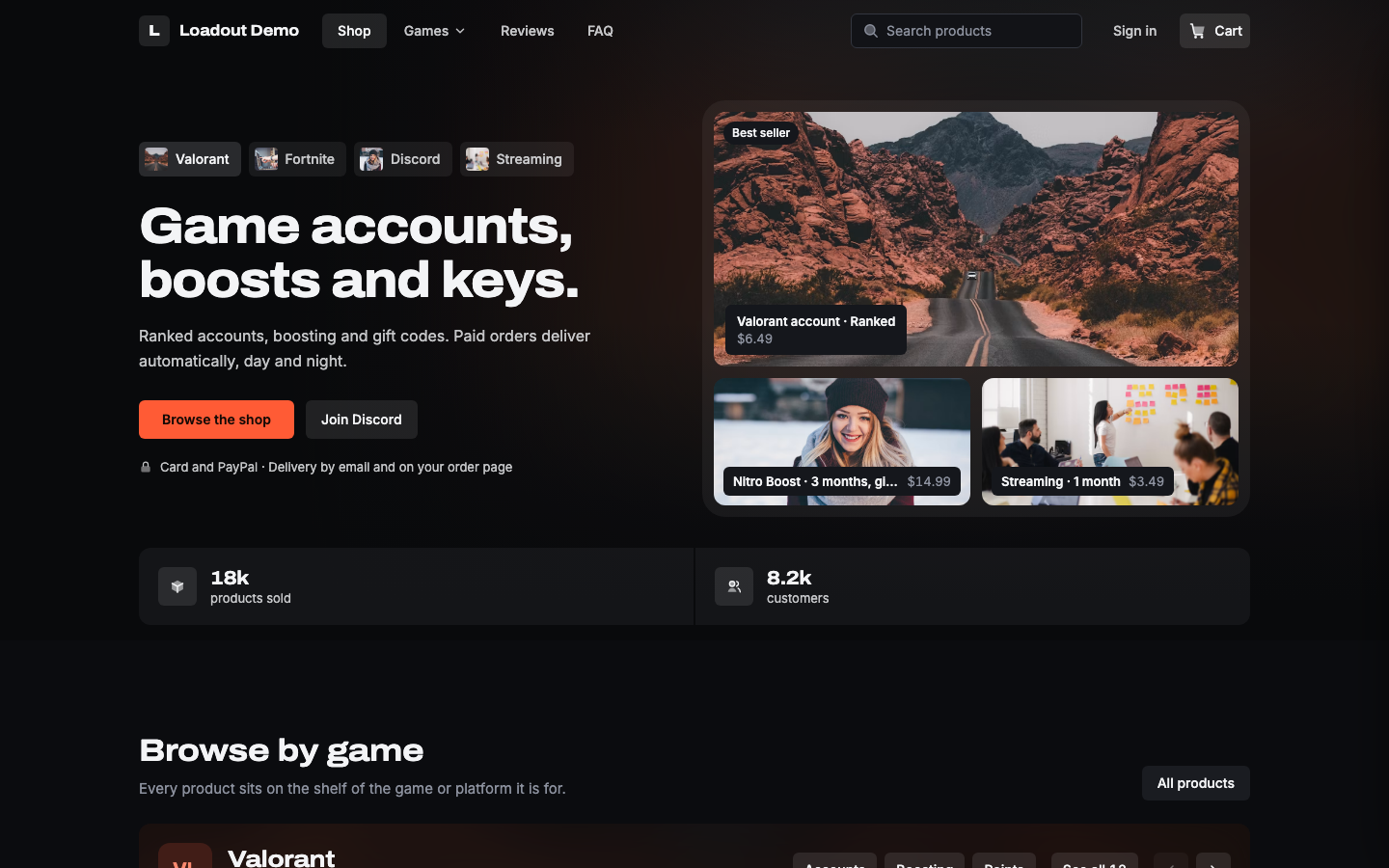 The Loadout home page: a dark header with search and cart, a headline over blurred product art, a grid of three product tiles, store stats and the first game shelf
