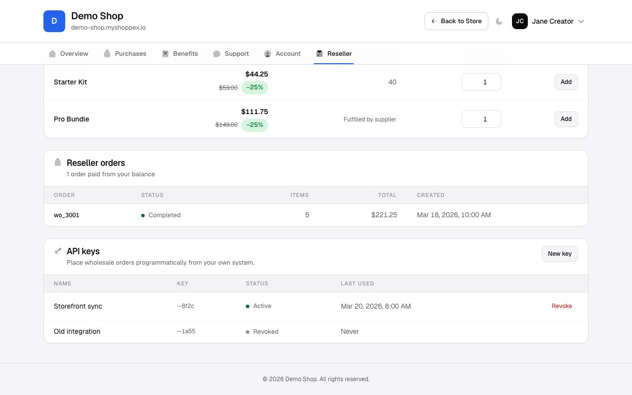 Reseller orders history and the API keys section with masked keys, their status, and a New key button