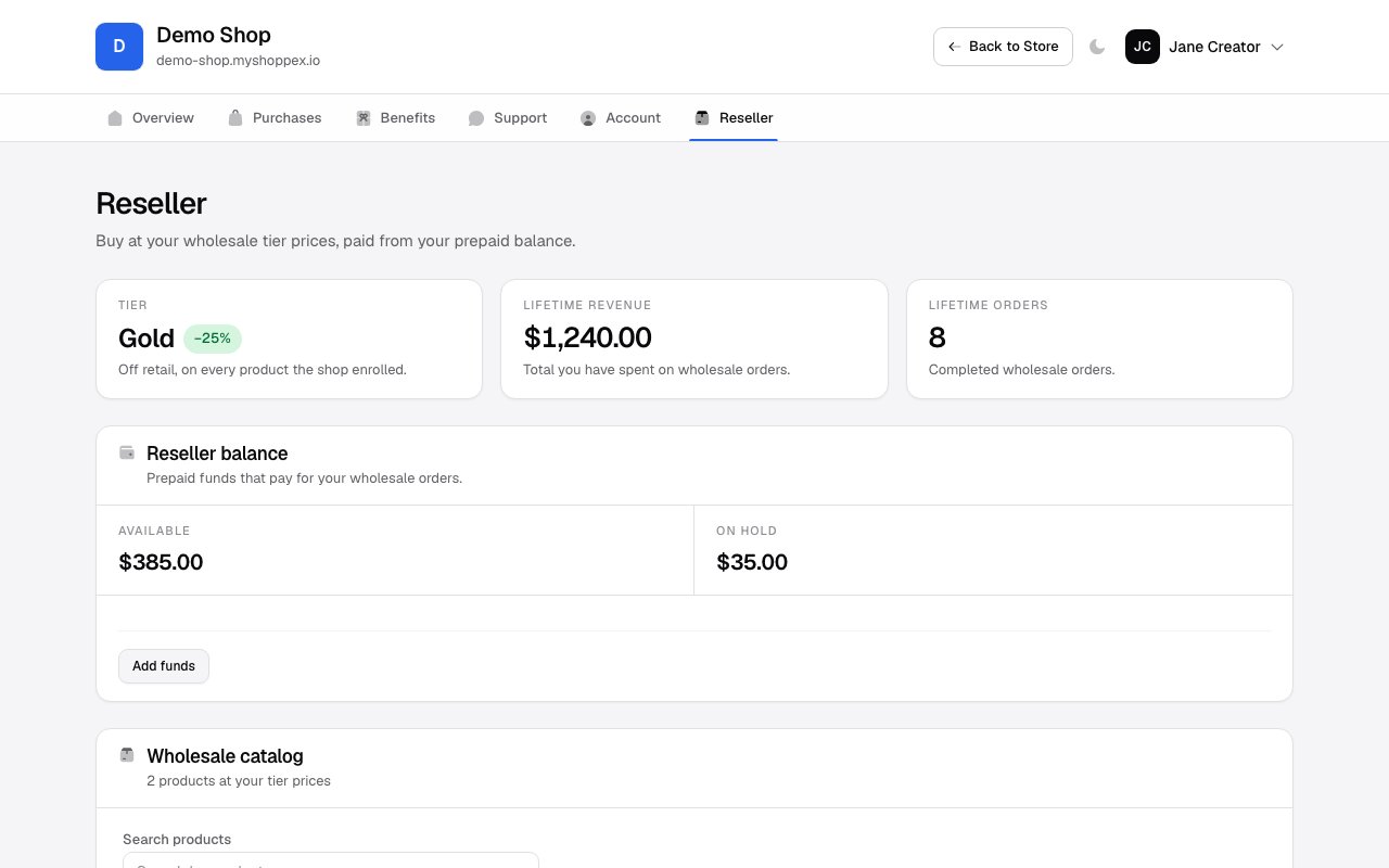 Reseller panel overview showing the Gold tier with 25 percent discount, lifetime revenue, and the prepaid reseller balance with an Add funds button