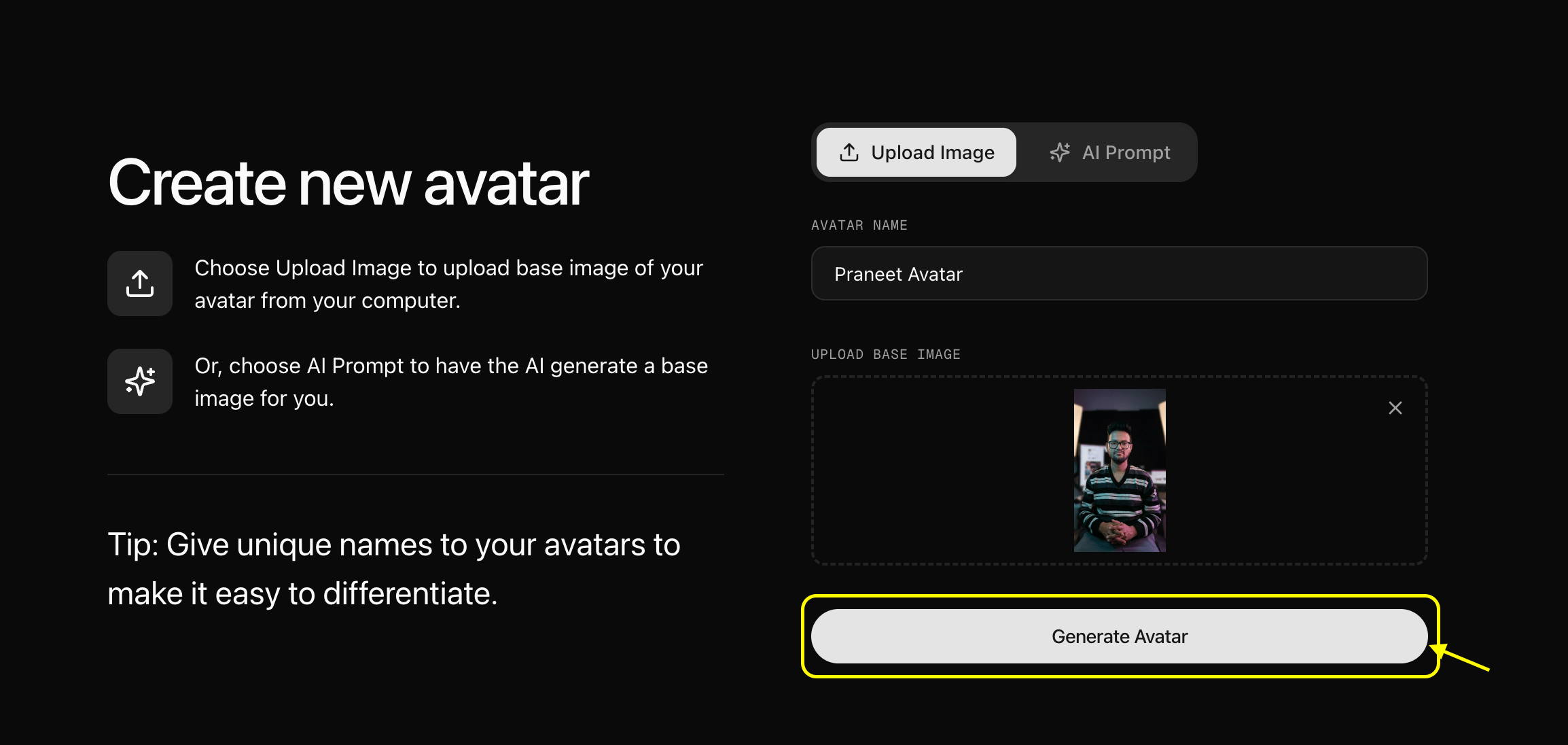 Upload image to generate avatar