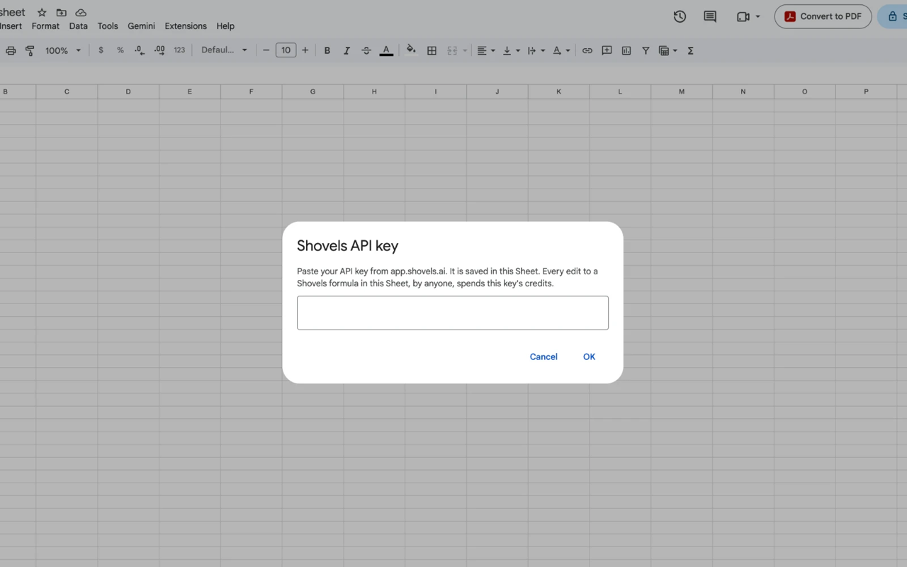 Shovels API key dialog in Google Sheets