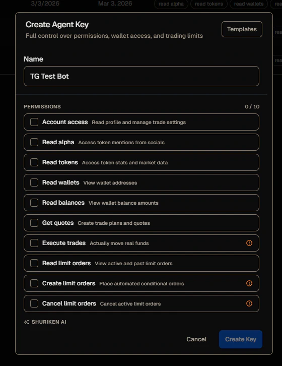 Create Agent Key modal showing permission checkboxes