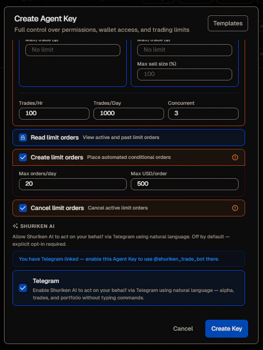 Telegram toggle in the Shuriken AI section of the agent key modal