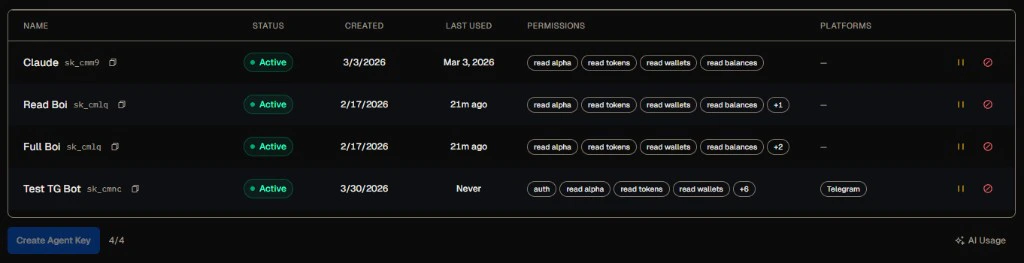 Agent Keys list showing a key with Telegram listed under Platforms
