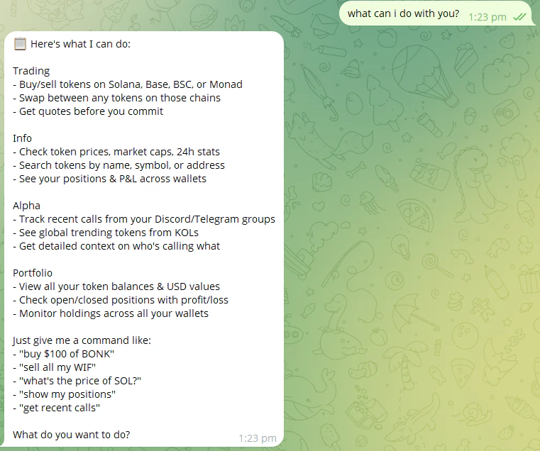 Telegram bot responding to 'what can i do with you?' showing trading, info, alpha, and portfolio capabilities