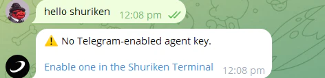 Telegram bot message: No Telegram-enabled agent key. Enable one in the Shuriken Terminal.