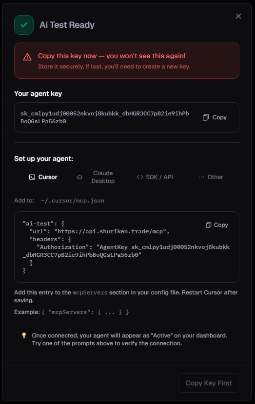 Agent Key ready screen showing the key and setup instructions