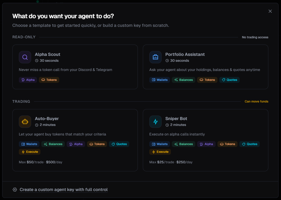 Agent Key template selection showing four options