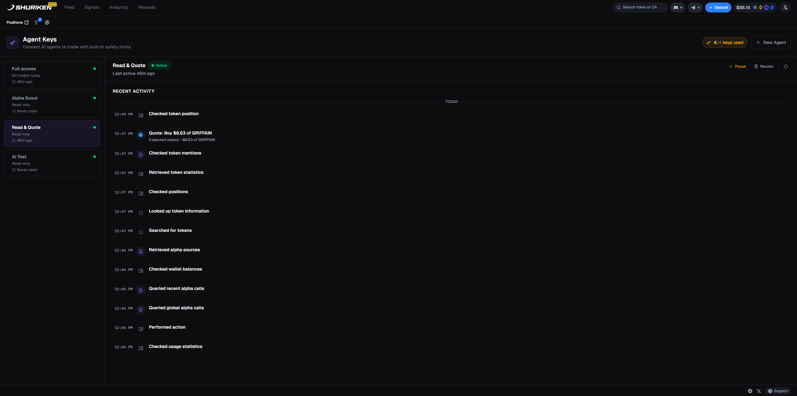Agent Keys dashboard showing real-time activity log with timestamped actions