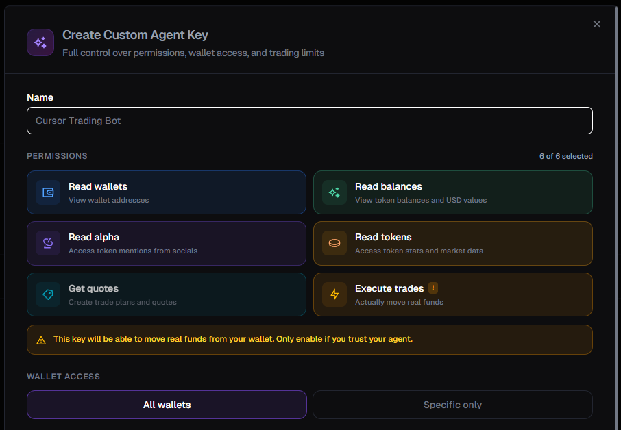 Custom Agent Key creation showing permission toggles