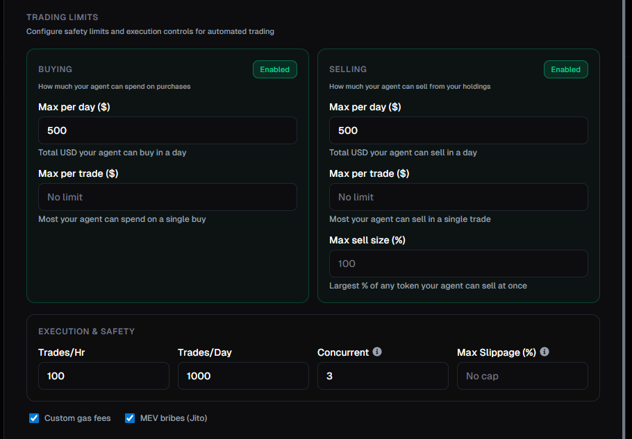 Trading limits configuration showing buy, sell, and execution controls