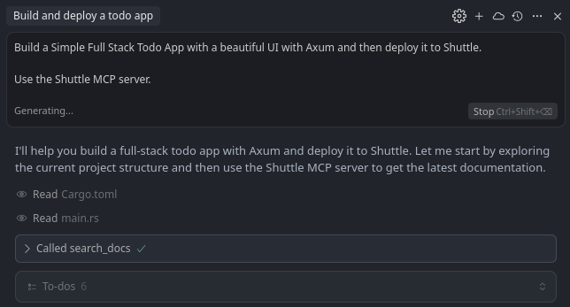 AI agent searching Shuttle documentation via MCP server