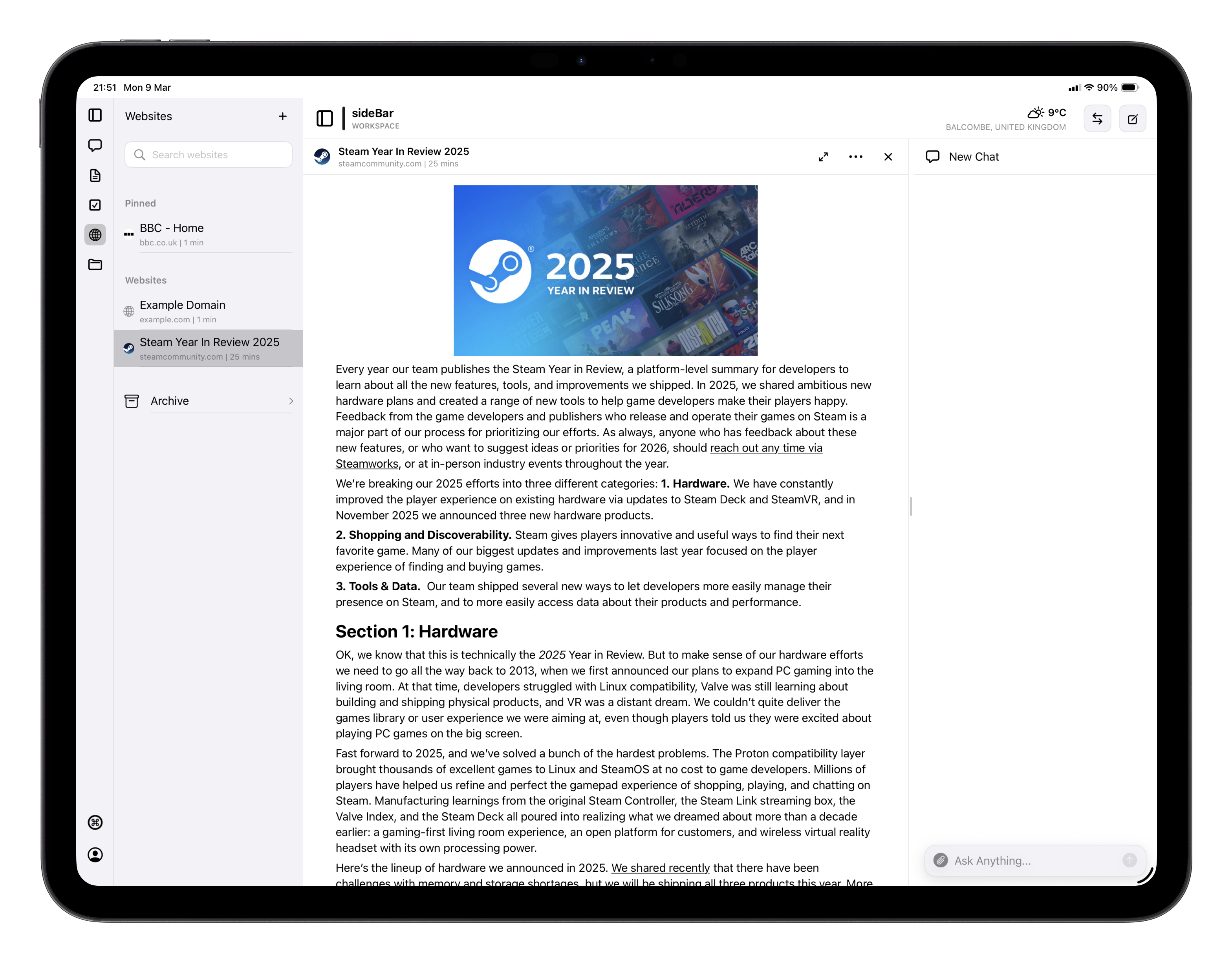 sideBar saved websites list