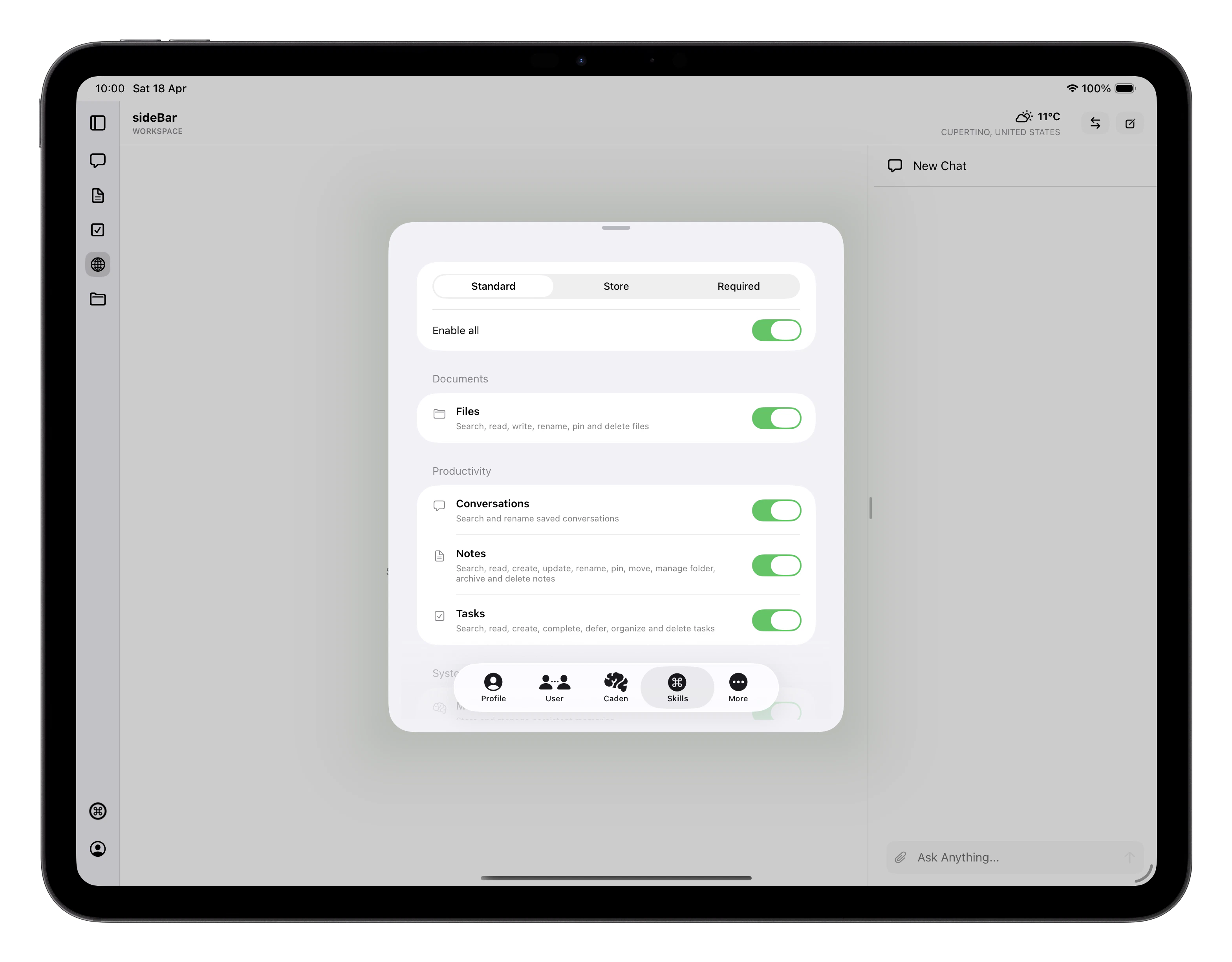 sideBar skills settings