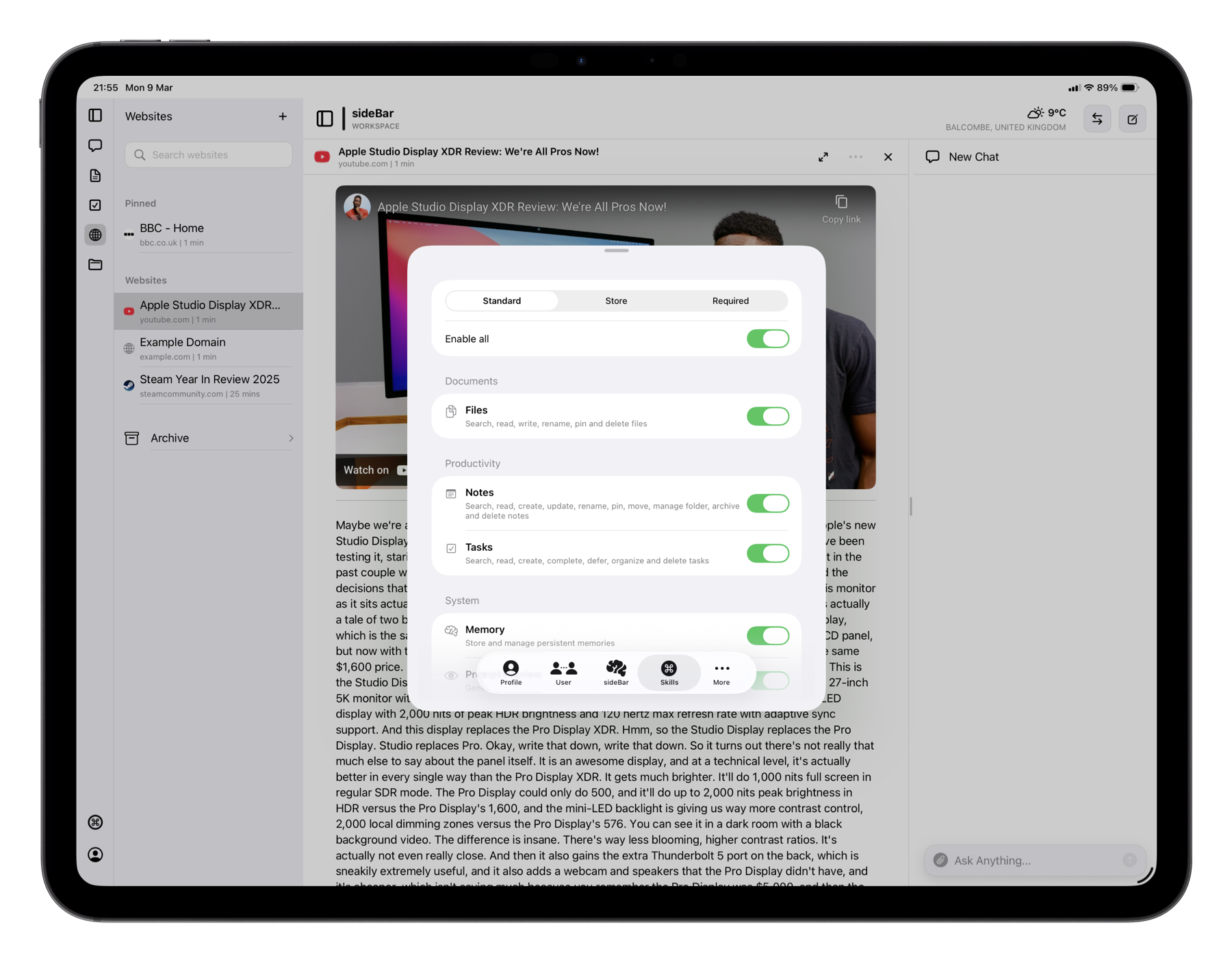 sideBar skills settings